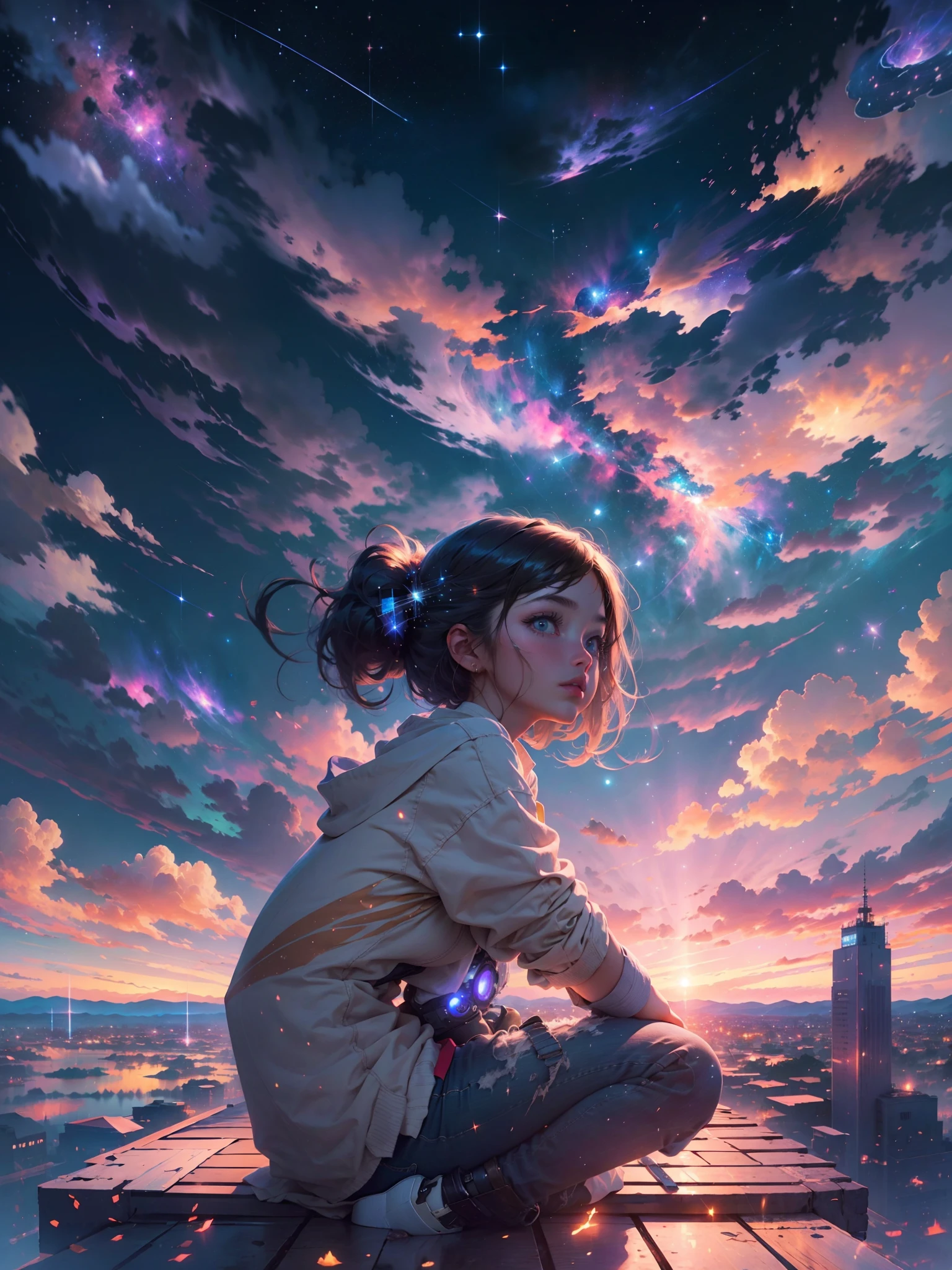 Numerous award-winning masterpieces of,Best picture quality,Starry sky at night:1.5,girl sitting on a rooftop:1.6,looking at the stars,full bodyesbian:1.6,Colorful clouds,Shining starry sky,Shooting stars cut through the sky,dream colors,Wide angle and fisheye lens,Meticulous CG illustration,Studio work,offcial art,Unified 8k wallpaper。