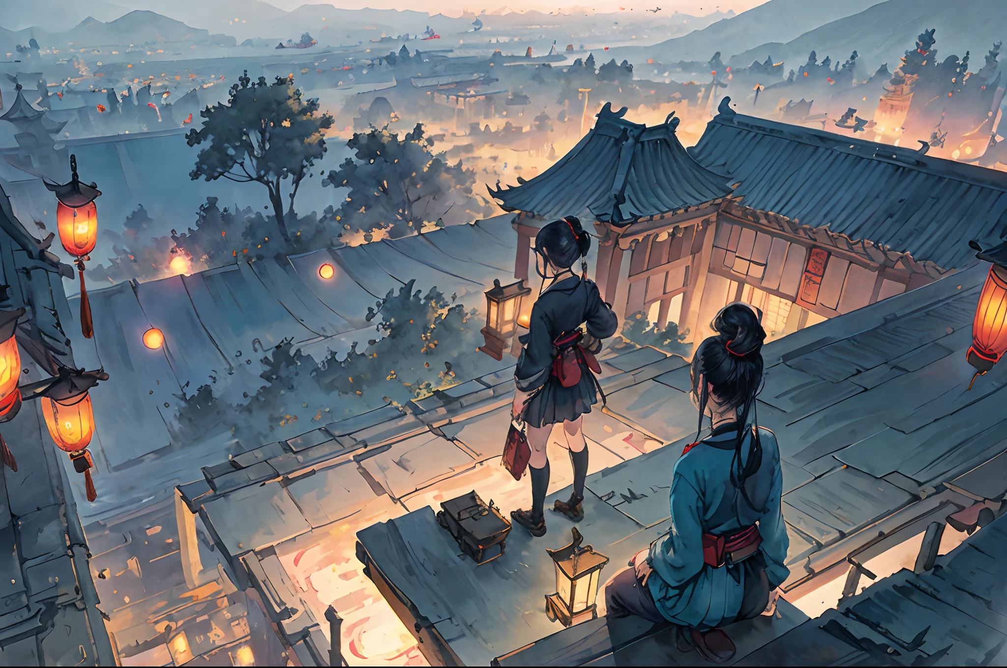 Best quality at best,tmasterpiece,The is very detailed,detailed back ground,anime big breast,1girl,Young girls,Short girl,Chinese ancient style,exteriors,the night,starrysky,glasshouse,megastructures,the forbidden city,The landscape,scenecy,horizon,the roof, sitting on rooftop, ventania, view from long distance, Atmospheric lighting, Focus individually, closeup cleavage, seen from the side, depth of fields, Background bokeh