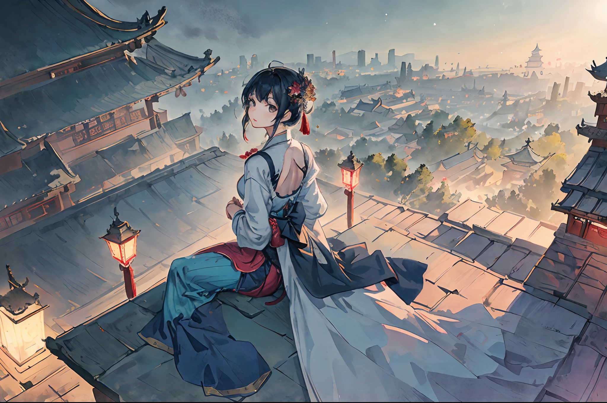 Best quality at best，tmasterpiece，The is very detailed，detailed back ground，anime big breast，1girl，Young girls，Short girl，Chinese ancient style，exteriors，the night，starrysky，glasshouse，megastructures，the forbidden city，The landscape，scenecy，horizon，the roof, sitting on rooftop, ventania, view from long distance, Atmospheric lighting, Focus individually, closeup cleavage, seen from the side, depth of fields, Background bokeh