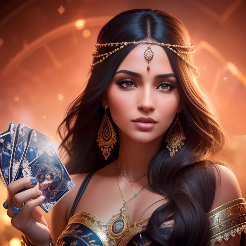 Create image of a gypsy woman with extraordinary sensual sexy beauty, the most beautiful woman in the world holding tarot cards, dramatic lighting, digital art trending on Artstation 8k HD high definition detailed realistic, circunstanciado, textura da pele, hiper detalhado, textura de pele realista, armadura, melhor qualidade, ultra high-resolution, (fotorrealista:1.4), high resolution, circunstanciado, Foto RAW, sharp re, by Lee Jeffries Nikon D850 film Stock Photography 4 Kodak Portra 400 camera F1.6 lens rich colors hyper realistic lifelike texture dramatic lighting unrealengine trending on artstation cinestill 800,