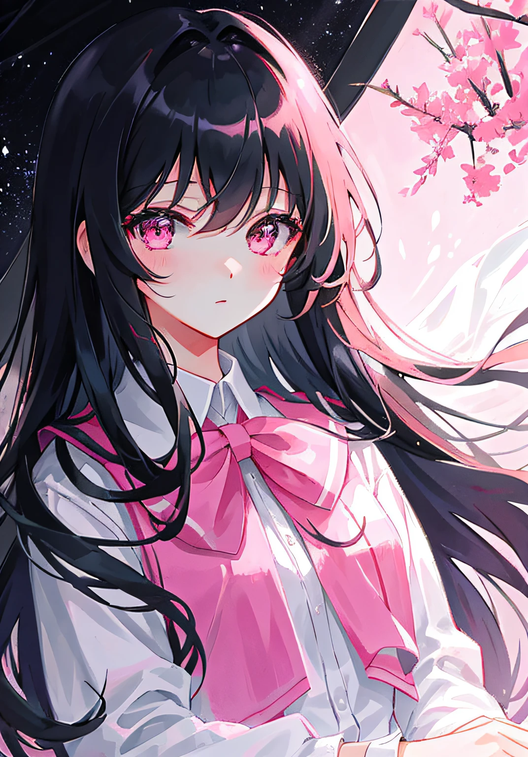 Masterpiece, Best quality, Ultra-detailed, illustration, Portrait, 1girll, black_Hair, Pink eyes,  Long hair,  school uniform,