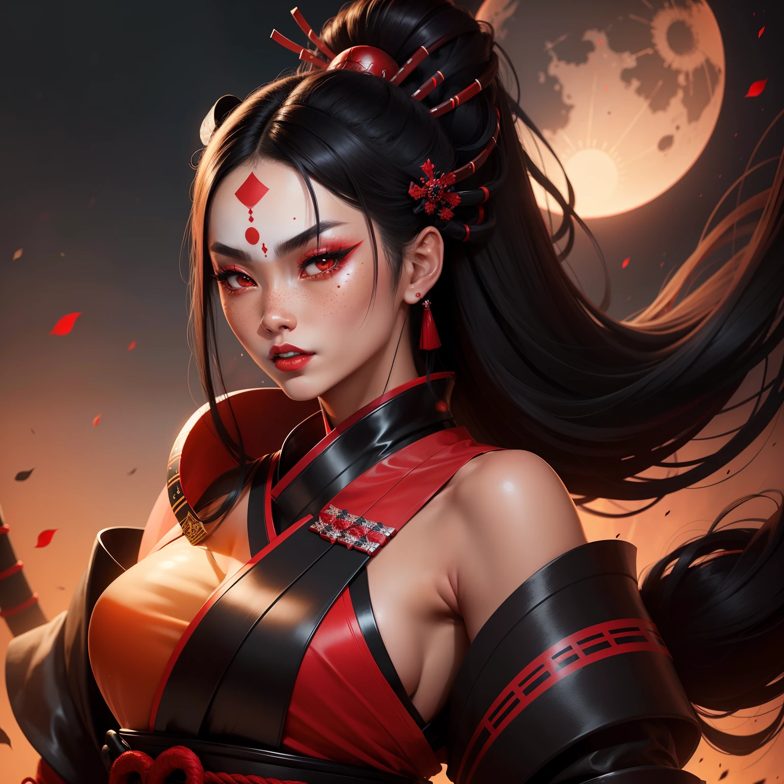 Female samurai warrior, jet black hair, dark skinned tanned, red black, bright moon, freckles on the face, red lipstick, full body, no extra hair, diamond shaped face, cover top, black eyeballs, geisha warrior