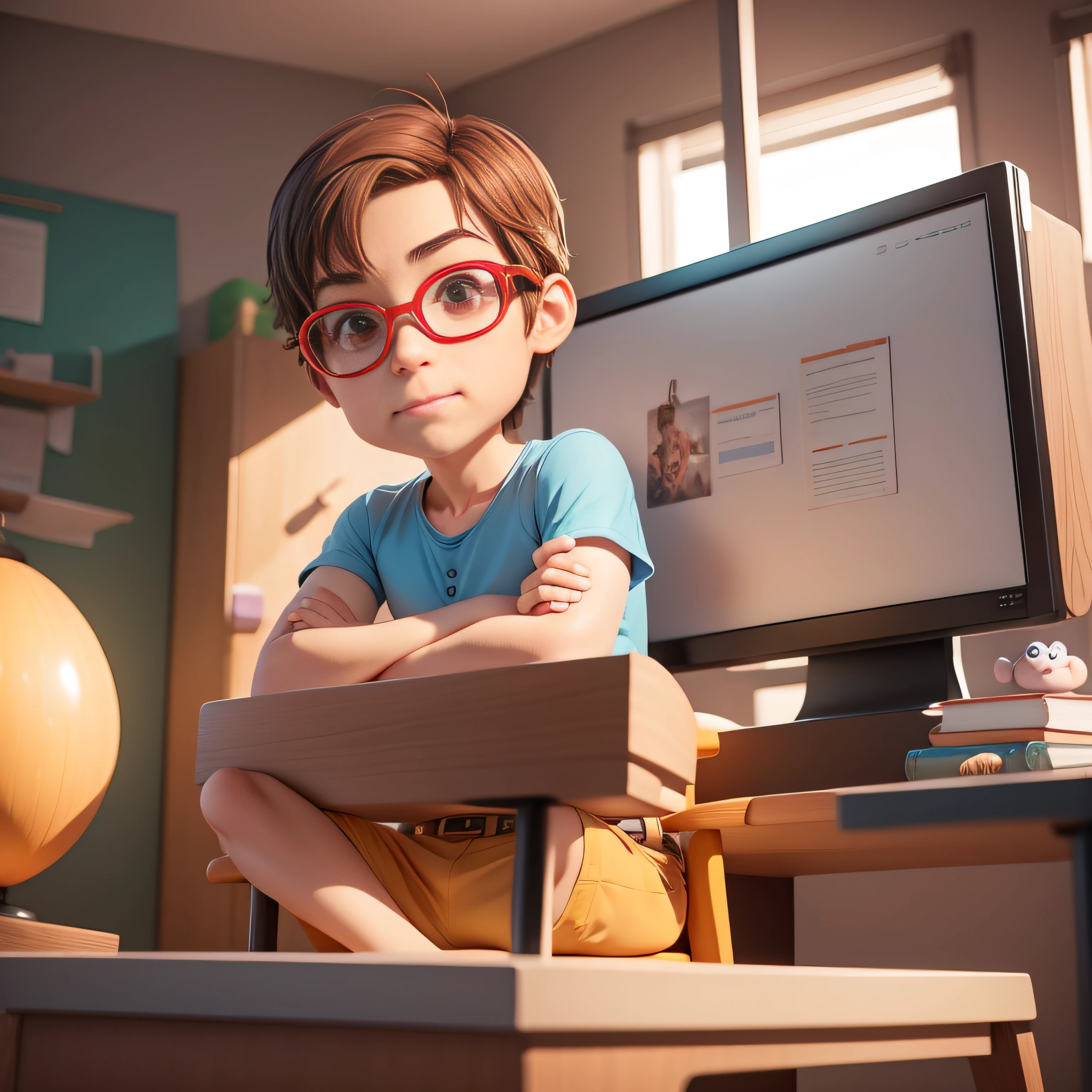 pixar character of a cute man handsome sitting behind a desk