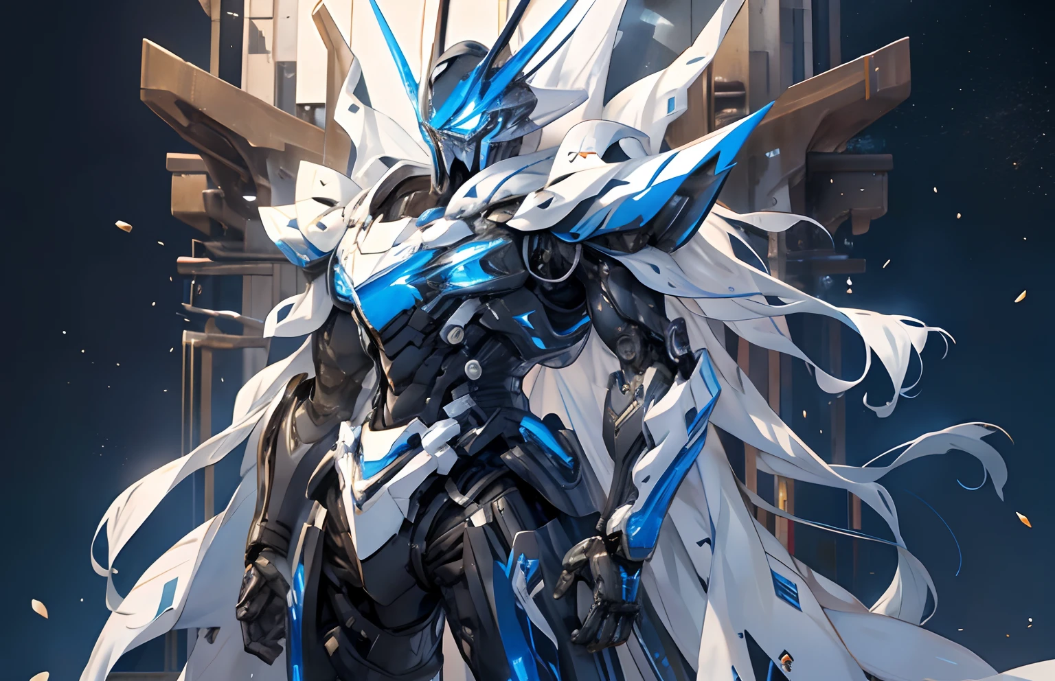 Giant exoskeleton robot,Strong posture,hight contrast,Black and white body,Starry sky color,Blue energy light,Kamen Rider,Cloak,Skirt,mechanical sense,Full coverage armor。