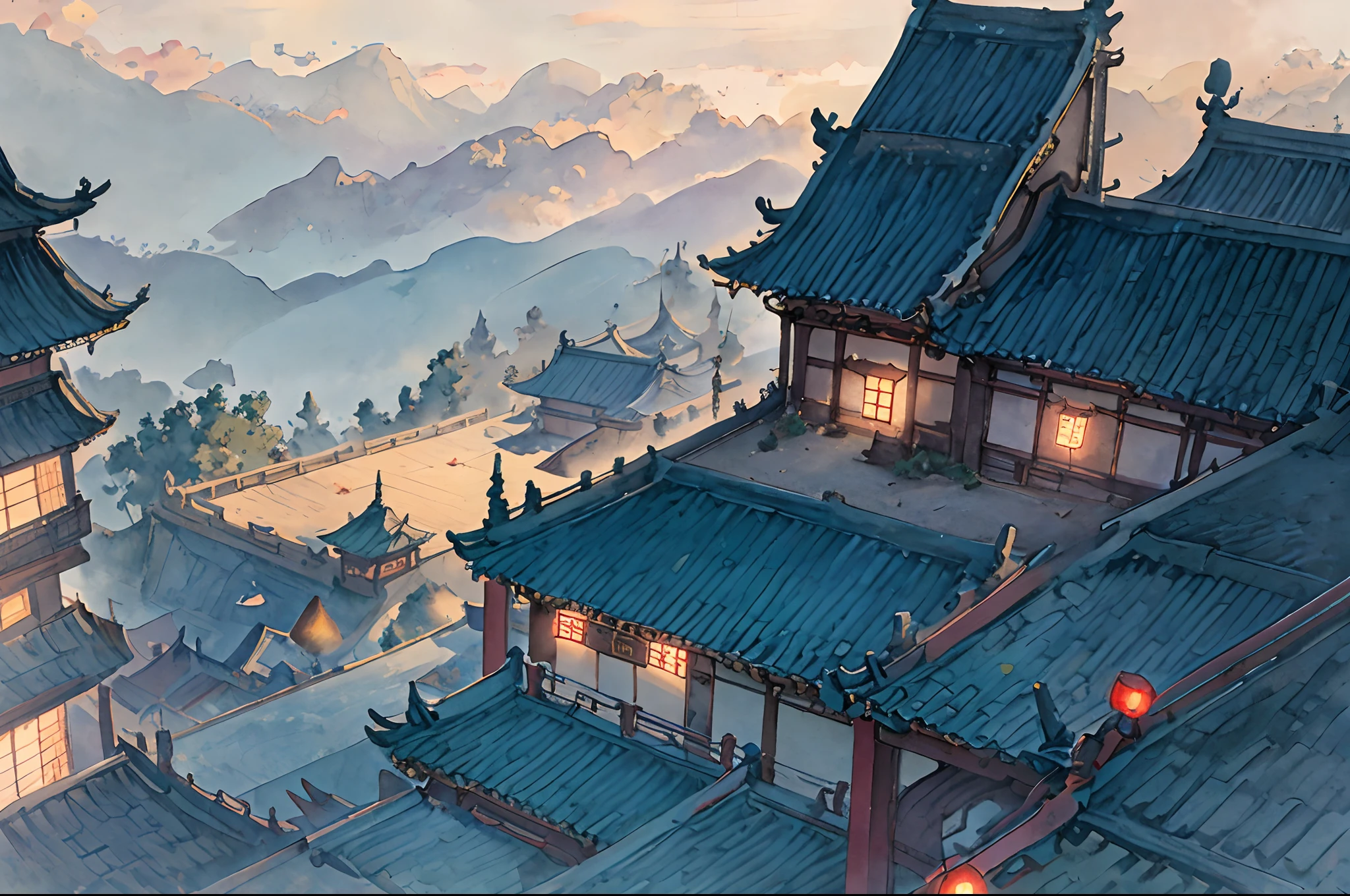 Best quality at best，tmasterpiece，The is very detailed，detailed back ground，anime big breast，1girl，Young girls，Short girl，Chinese ancient style，exteriors，the night，starrysky，glasshouse，megastructures，the forbidden city，The landscape，scenecy，horizon，the roof, sitting on rooftop, ventania, view from long distance, Atmospheric lighting, Focus individually, closeup cleavage, seen from the side, depth of fields, Background bokeh