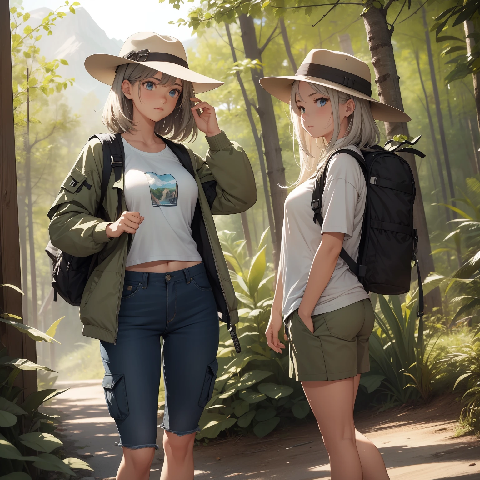 (masterpiece, best quality, 4k, photorealistic, cinematic, ultra-detailed), wide shot, full body, perfect anatomy, perfect eyes, perfect hands, ((1 boy)), silver hair, cargo shorts or durable outdoor pants in a neutral color like khaki or olive, a moisture-wicking, lightweight, long-sleeve shirt or a breathable t-shirt with a fun outdoor-related graphic, a light windbreaker or a casual zip-up jacket that's easy to remove if it gets warmer, comfortable hiking shoes or trail runners with good grip, a wide-brimmed hat or a cap to protect from the sun, sunglasses, and a small backpack for essentials like water, snacks, and a map, ((1 girl)), large breasts, long round legs, curvaceous body, high-waisted hiking shorts or convertible pants that can be turned into shorts, a moisture-wicking tank top or t-shirt with a nature-themed design, a lightweight, packable jacket that can easily be tied around the waist, sturdy hiking boots or trail shoes, A wide-brimmed hat, sunglasses, and a crossbody bag for carrying essentials