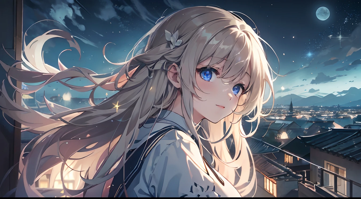 A quiet night,starry sky bright,On the roof stood a girl。She quietly looked up at the starry sky,Enjoy this peaceful evening。The girl wears a light dress,The skirt flutters gently in the wind。Her long hair shimmered in the moonlight,Exudes a fresh breath。
Twinkle stars in the night sky,They were like winking at a girl,As if he wanted to share this beautiful moment with her。The bricks of the roof take on an ancient beauty in the moonlight,A stark contrast to the neon lights of the city。
The girl closed her eyes gently,She seemed to feel the beauty of this world。Her face appeared quiet and gentle in the starlight。Her body swayed gently with the night breeze,It is as if at one with this peaceful night。
The picture is full of tranquility、A breath of beauty and tenderness,Let people feel the mystery and tranquility of the night sky,view from long distance, Atmospheric lighting, Focus individually, closeup cleavage, seen from the side, depth of fields, Background bokeh