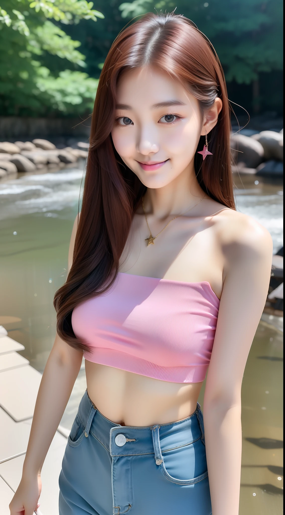 realistic photos of (1 cute Korean star) shoulder-length hair, white skin, thin makeup, 32 inch breasts size, slightly smile, wearing pink tube top, pants, walking around stream side, 16k