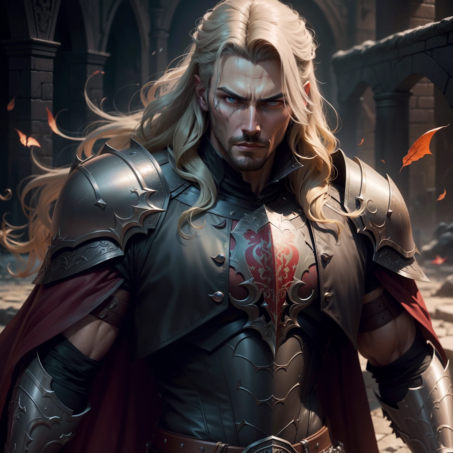 Castlevania Lord of the shadows hyper realistic handsome warrior leather Armor Wear hyper realistic Facr super detailed Dynamic shot
