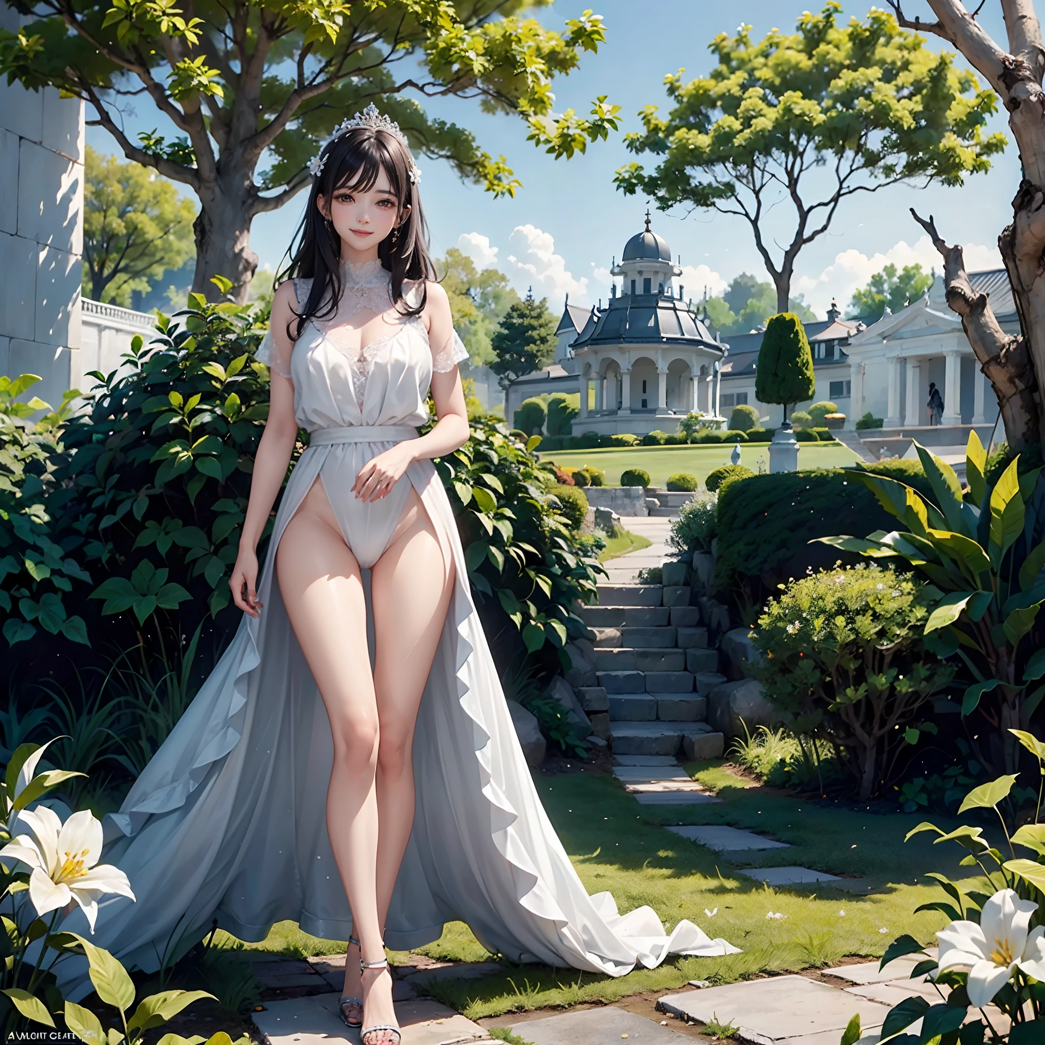 (obra maestra) (La mejor calidad) Una hermosa mujer vestida de blanco con una corona de hojas doradas en la cabeza. She is in a beautiful garden standing in front of the camera with a beautiful smile in a natural pose....... movie quality