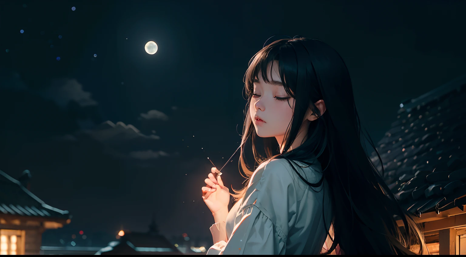 A quiet night，starry sky bright，On the roof stood a girl。She quietly looked up at the starry sky，Enjoy this peaceful evening。The girl wears a light dress，The skirt flutters gently in the wind。Her long hair shimmered in the moonlight，Exudes a fresh breath。
Twinkle stars in the night sky，They were like winking at a girl，As if he wanted to share this beautiful moment with her。The bricks of the roof present an ancient beauty in the moonlight，A stark contrast to the neon lights of the city。
The girl closed her eyes gently，She seemed to feel the beauty of this world。Her face appeared quiet and gentle in the starlight。Her body swayed gently with the night breeze，It is as if at one with this peaceful night。
The picture is full of tranquility、A breath of beauty and tenderness，Let people feel the mystery and tranquility of the night sky，view from long distance, Atmospheric lighting, Focus individually, closeup cleavage, seen from the side, depth of fields, Background bokeh