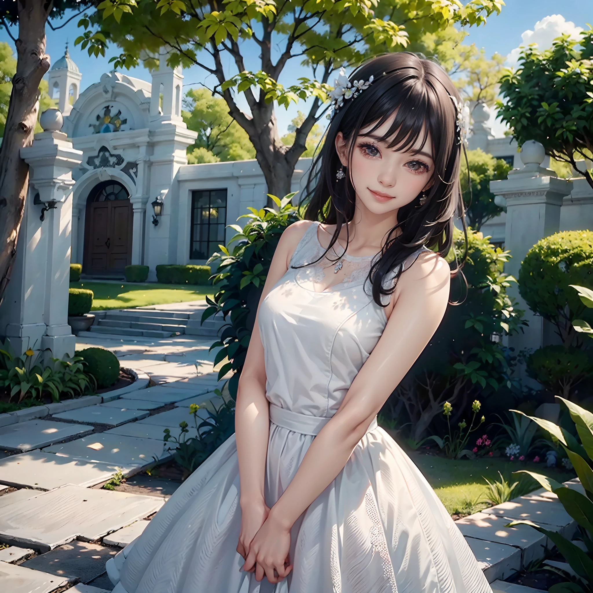 (obra maestra) (La mejor calidad) Una hermosa mujer vestida de blanco con una corona de hojas doradas en la cabeza. She is in a beautiful garden standing in front of the camera with a beautiful smile in a natural pose....... movie quality