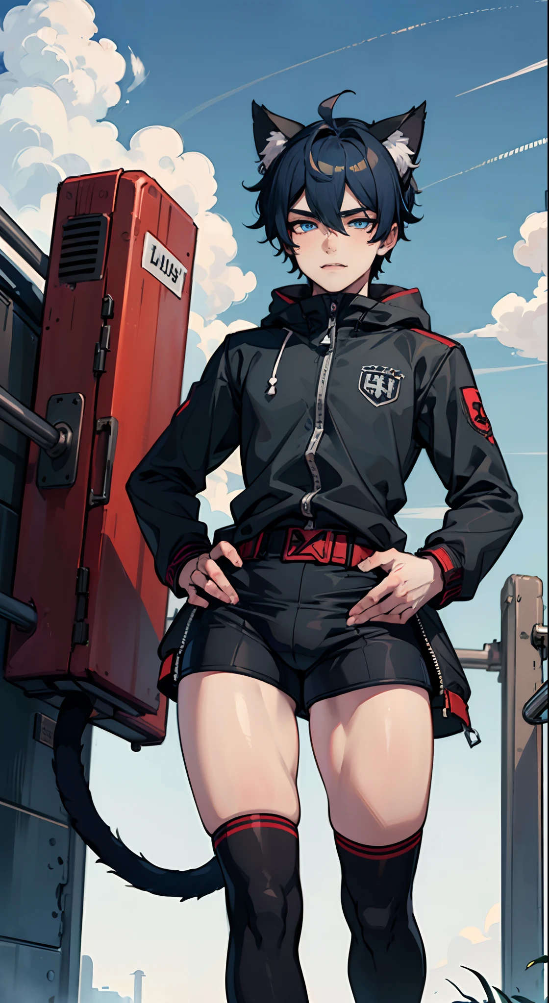 ((((((1boy)))))), fluffy dark blue hair, ((big sharp cat ears)), cat tail, slim figure, ((pale skin)), sky blue eyes, joyful, big thighs, big butt, fangs, slim waist, lean figure, skin pale, youthful appearance, (((bulge))), black booty gym shorts, black thigh socks, black coat, twink