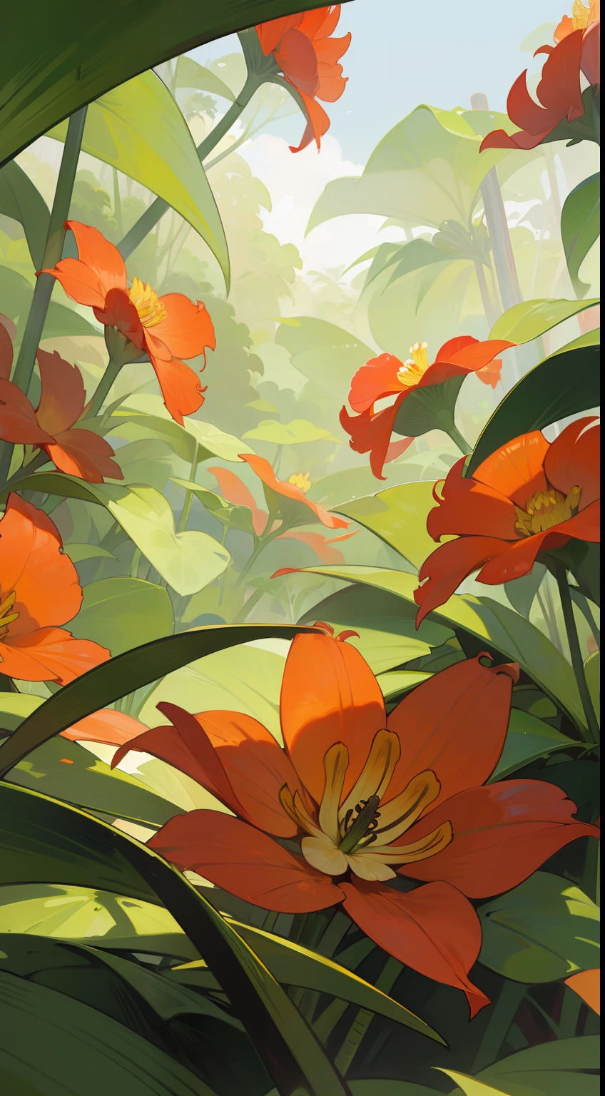 Bottom view of red heliconias in the middle of a lush tropical forest.