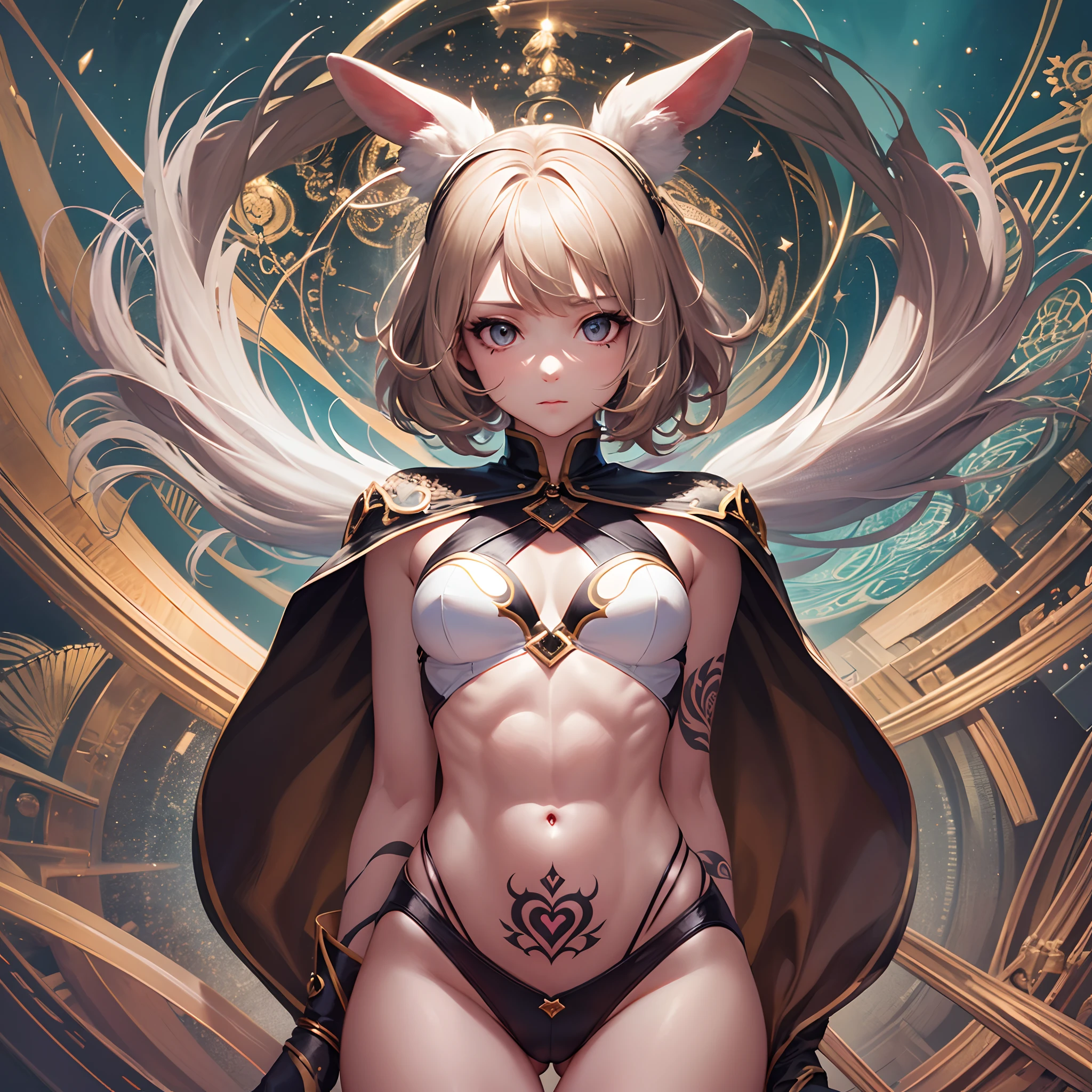 Very cute girl, white rabbit girl cosplay, big round fluffy tail, tattoos, light brown wavy short hair, shining red big eyes, ABS, amazing proportions, full body shot, background kaleidoscope, , anime, illustration, fantasia, portrait, animation, high resolution, highest quality, super high quality, super high detail, ultra realistic, Photorealistic, perfect fingers