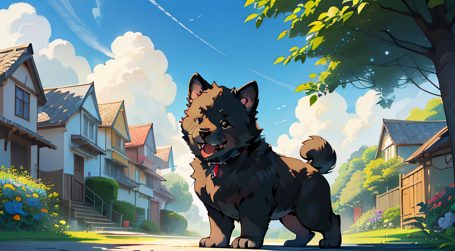 (master part, charming illustration of a cute black Chow Chow puppy in a garden:1.3), 
(Captivating representation designed to engage children's imagination:1.2), 
(meticulously illustrated with attention to capture the adorable essence of the breed:1.2), 
(a flacidez e a cor distintas do filhote de cachorro Chow Chow aumentam sua fofura:1.1), 
(Set within a sunny sky setting, in the morning:1.1), 
(Ilustre brincando com seus amigos. Capture laughter and shared fun.:1.1), 
(Detalhamento meticuloso da pele do filhote, capturando sua textura macia:1.1), 
(A portrait that invites children to imagine playful interactions in a cheerful outdoor environment:1.1), 
(uma imagem que exala calor, confortar, e a alegria do companheirismo:1.1), 
(an illustration that encourages storytelling and creativity through visual exploration:1.1), 
(A work of art that captures the innocence and wonder of childhood and the charm of a beloved furry friend:1.1))