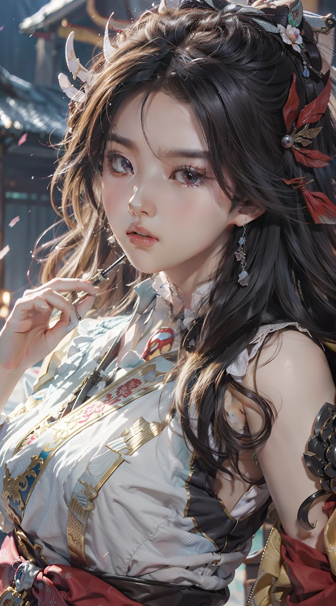 Highest image quality,Outstanding details,超高分辨率,(Fidelity:1.4), Favor the details, He has a delicate and beautiful face, Close-up of a woman standing on a platform with a sword, A scene from the《Honkai 3rd 》videogame, 《Honkai 3rd 》styled, 《Honkai 3rd 》The role setting of Thunder's lawyer, Tachi, Red Japanese oni armor, Virtual Engine 5,Perfect detail rendering,rendering by octane,hyper HD