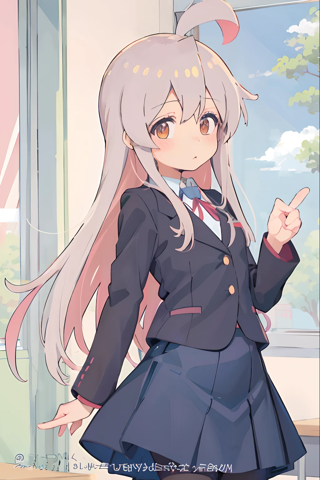 Anime girl in school uniform pointing to something in front of the window, anime visual of a cute girl, Kantai collection style, up of young anime girl, Beautiful Anime High School Girls, anime best girl, small curvaceous , anime moe art style, An anime girl, nyaruko-san, Cute anime girl, Anime girl with long hair, blacksilk,short skirt。