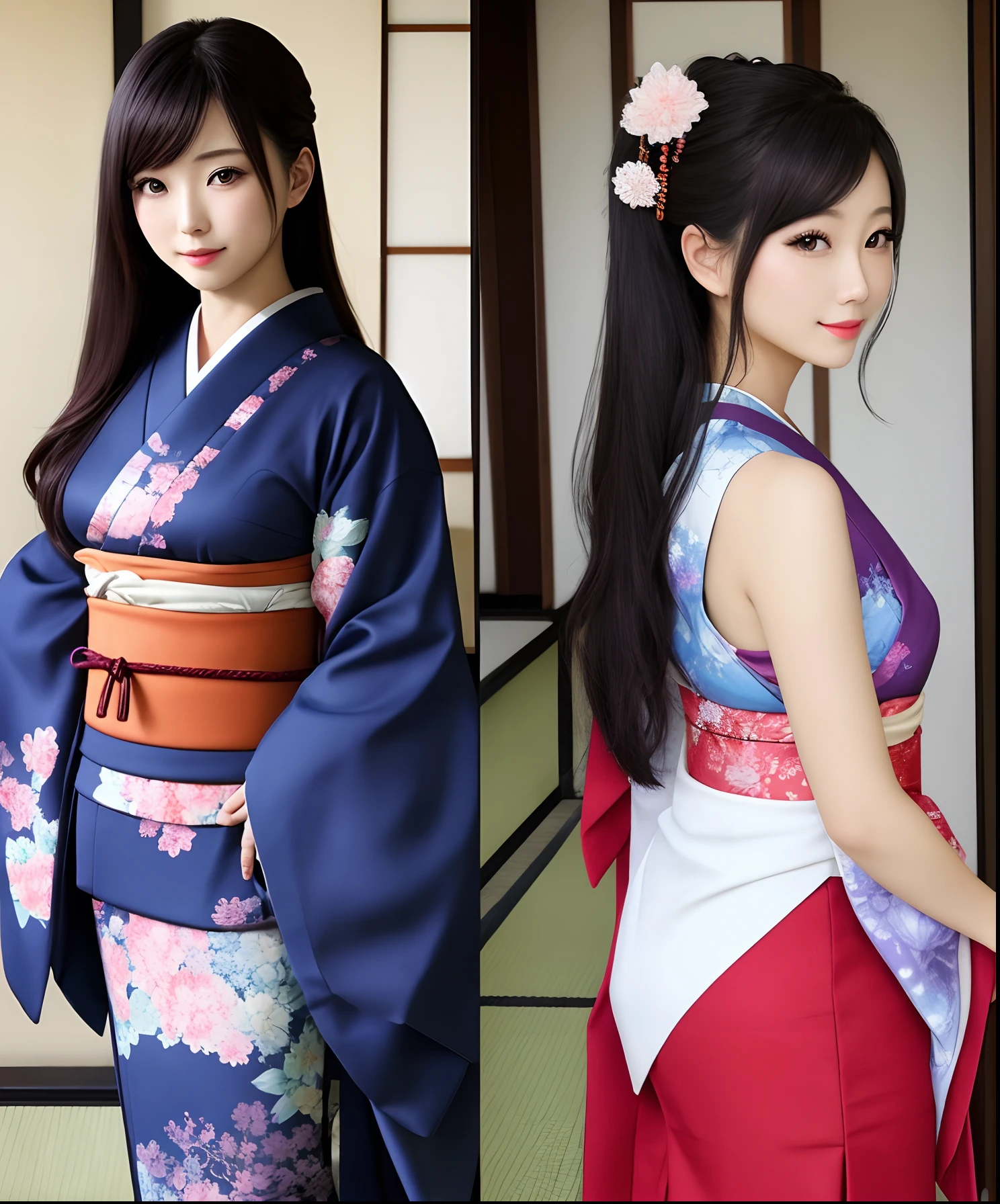 Japanese, woman, 18 years old, long hair, blue hair, geisha, topless