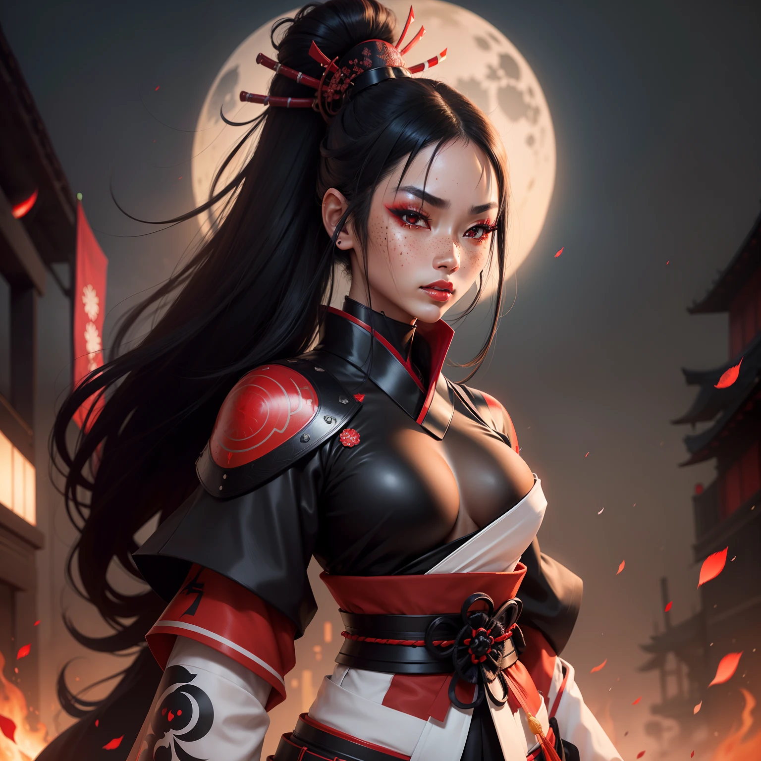 Female samurai warrior, jet black hair, dark skinned tanned, red black, bright moon, freckles on the face, red lipstick, full body, no extra hair, diamond shaped face, cover top, black eyeballs, geisha warrior, brown tan skinned, sexy hair style, extravagant outfit