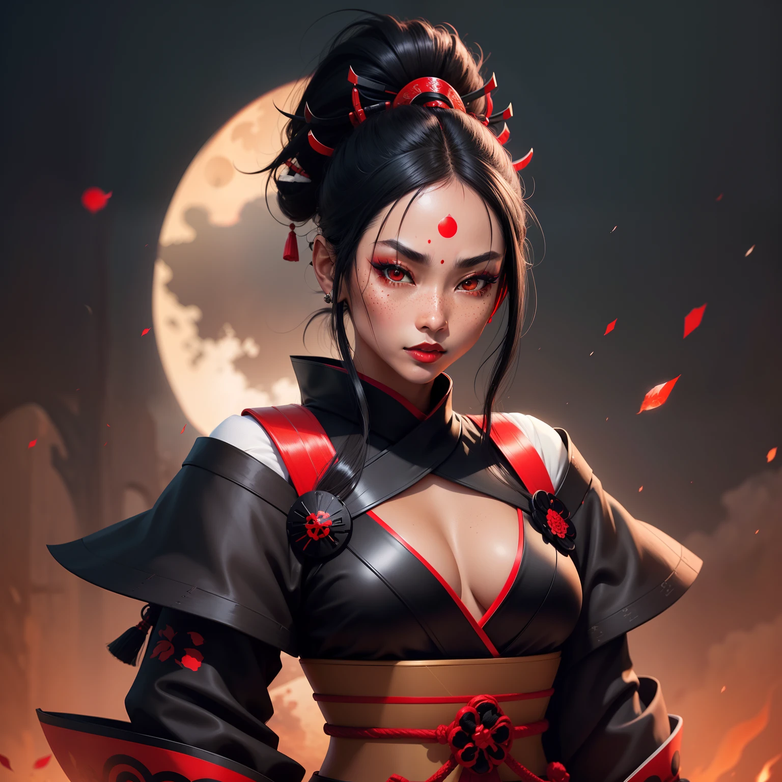 Female samurai warrior, jet black hair, dark skinned tanned, red black, bright moon, freckles on the face, red lipstick, full body, no extra hair, diamond shaped face, cover top, black eyeballs, geisha warrior, brown tan skinned, sexy hair style, extravagant outfit