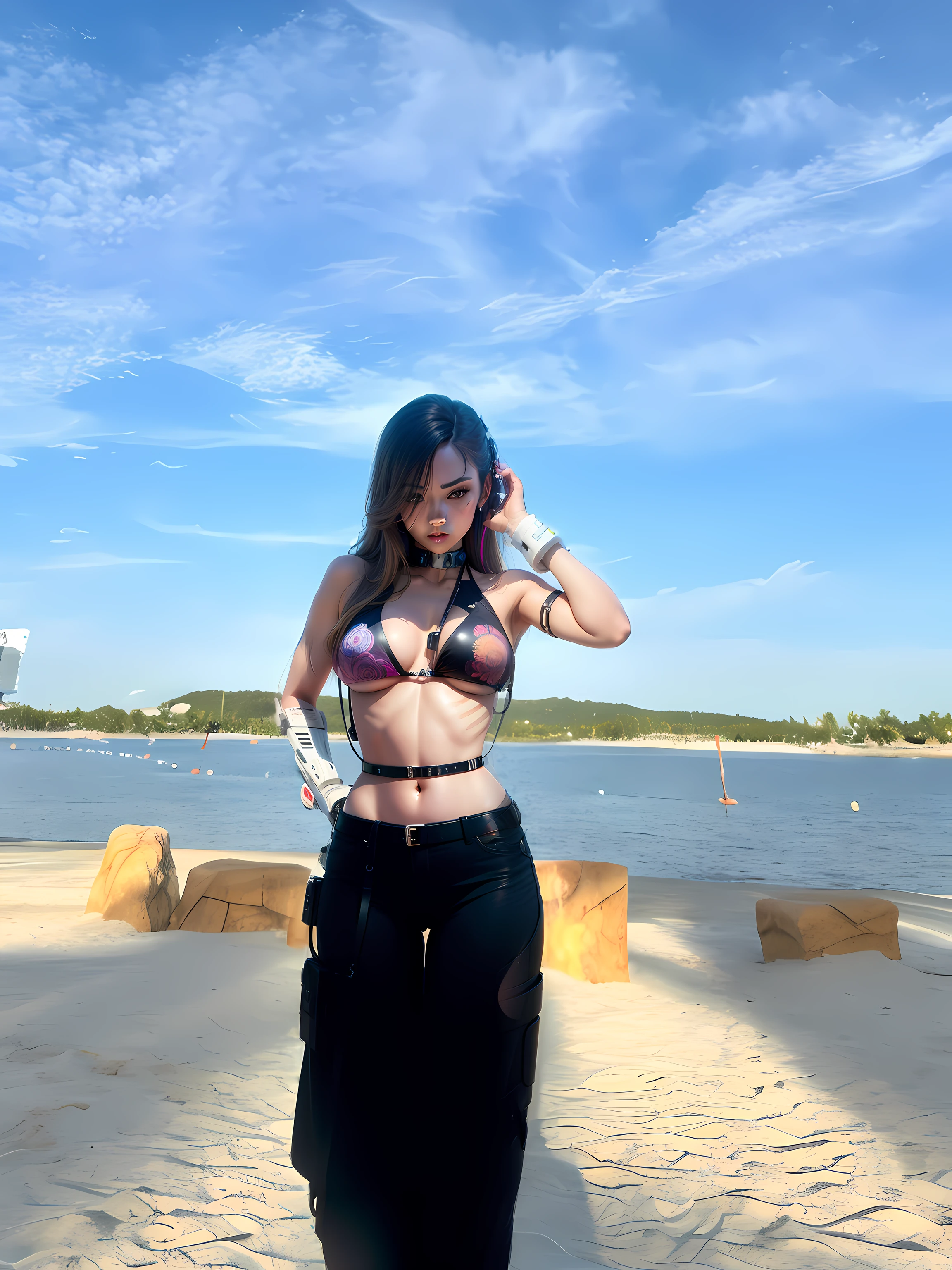 Anime, Masterpiece, Best Quality, Girls, Slender, Rainbow Color Eyes, Hair Color, Rainbow Color, Struggle, Long Hair Spreading, White Skin, Medium, Cute, Sexy, Halo, Near Future, Bikini, Skin Exposed, Psychedelic, Trip, Highly Colored, Paisley, Highly Colored, Cyberspace, Mandala Theme, Open Legs, Eyeshadow, False Lashes, Blushing, Mechanical Left Arm, Full Body, Cyborg, android, robot, machine, tube, wiring, control panel, blonde hair, big tits