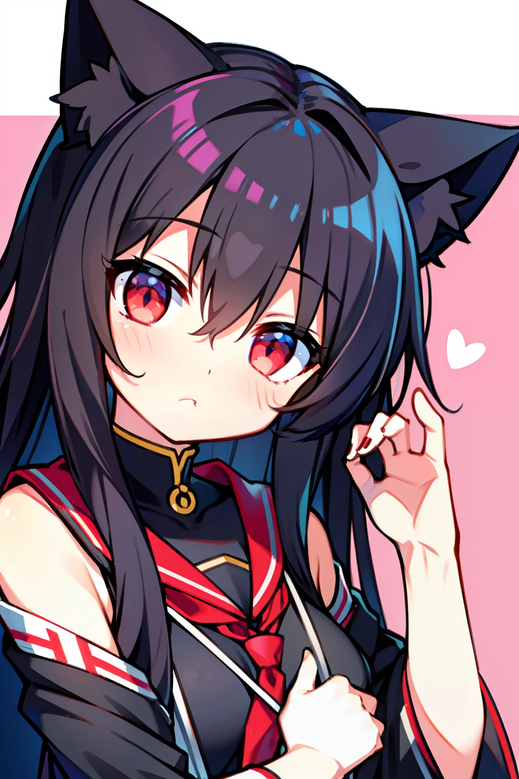 Black hair, Cat ears, Cat girl, Red eyes, Student clothes，