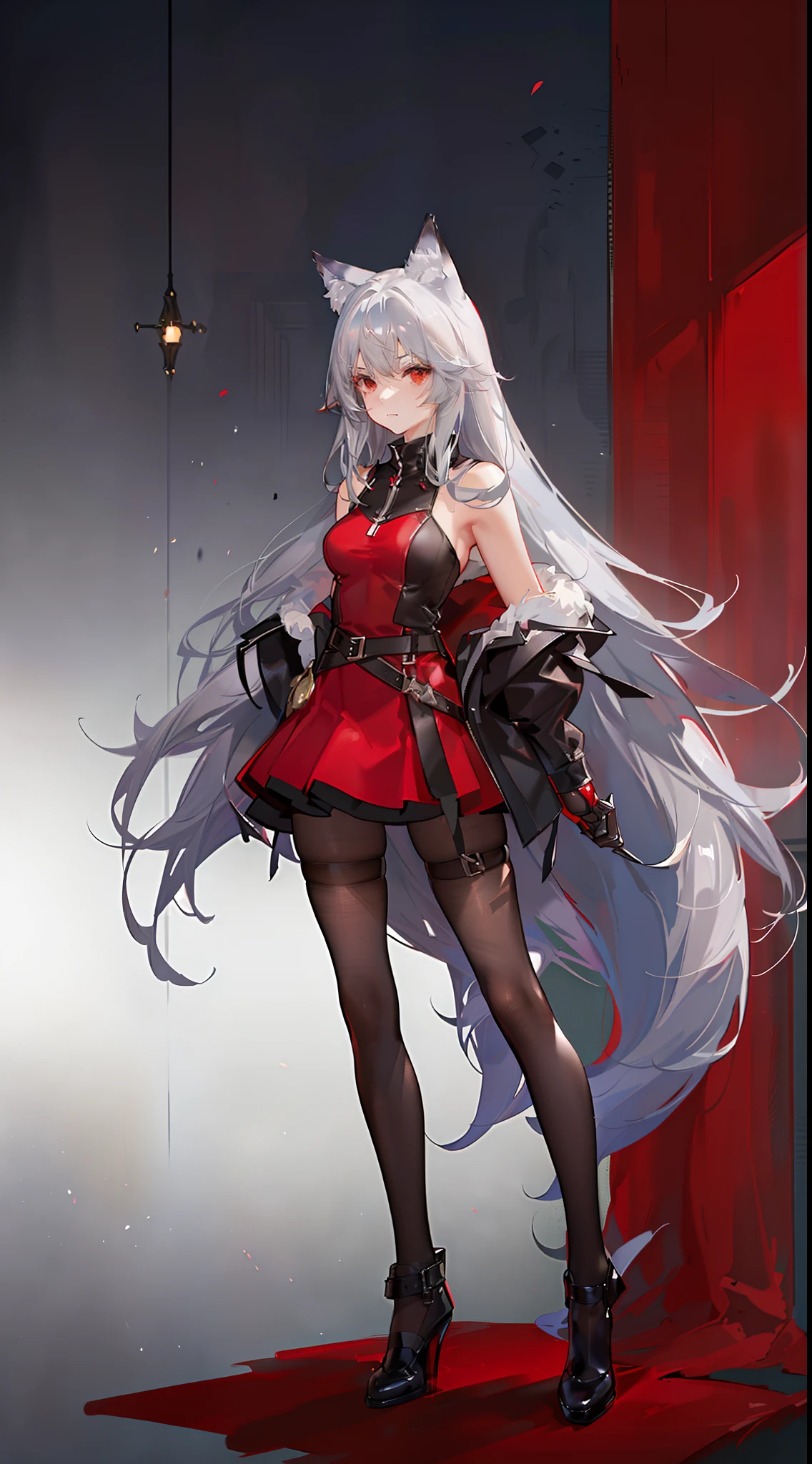 adult girl, Gray hair of medium length, red eyes, wolf ears, Red tight top, Sleeveless, fishnet tights, leather skirt, Masterpiece, hiquality
