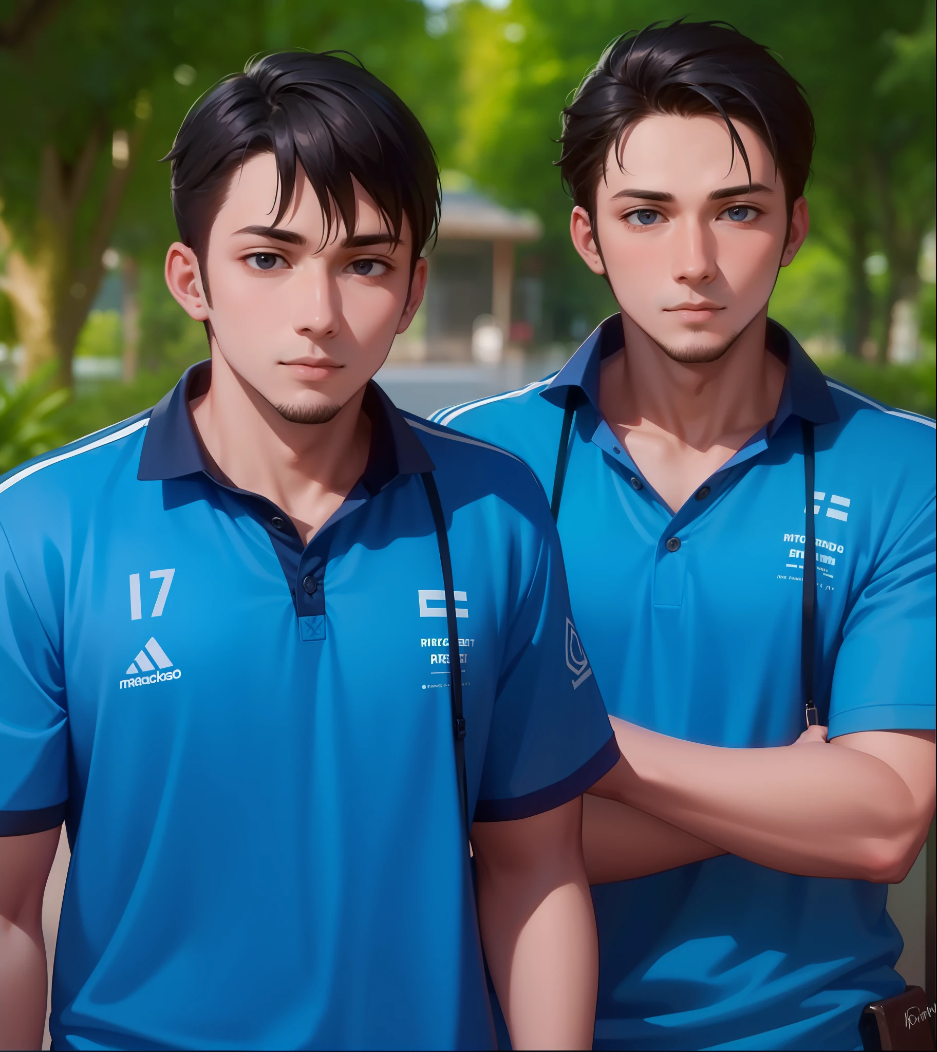 Attractive profile picture, 2 guys, masterpiece, ultra-precise rendering, beautiful and cool young man, trustworthy, dependable young man, savior of the world, simple design, 4k, facial hair, polo shirt.