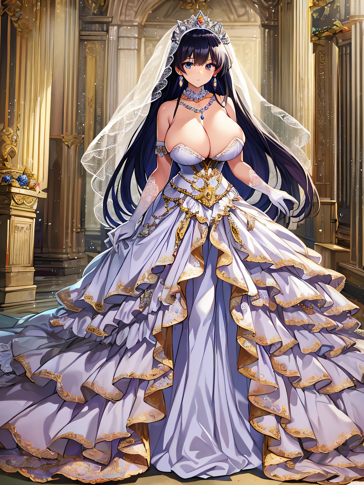 ((anime artstyle)),Best quality, Masterpiece,Solo,(full body),1 princess wearing a stately and elaborate royal wedding dress of white satin and tulle adorned with voluminous crinoline hoopskirt,(gigantic ,Long titsndentation),(large amount of straight hair,extremely Long voluminous Hair),lace, frills,gorgeous embroidery and jewels, with enormous puffed ses, long train, long white gloves, pearl necklace and earrings,long wedding veil