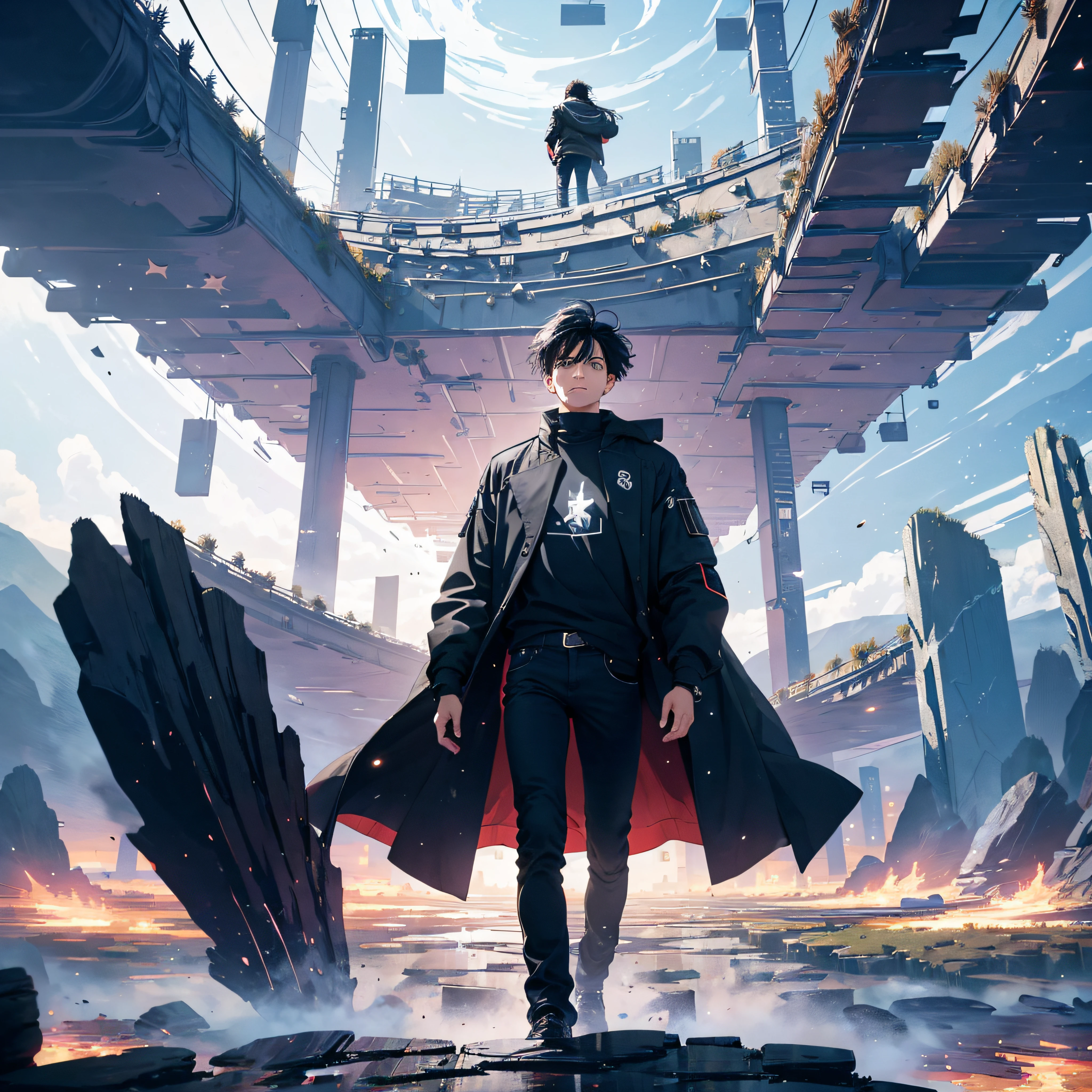 A man in a black coat standing on a platform with a sword - SeaArt AI