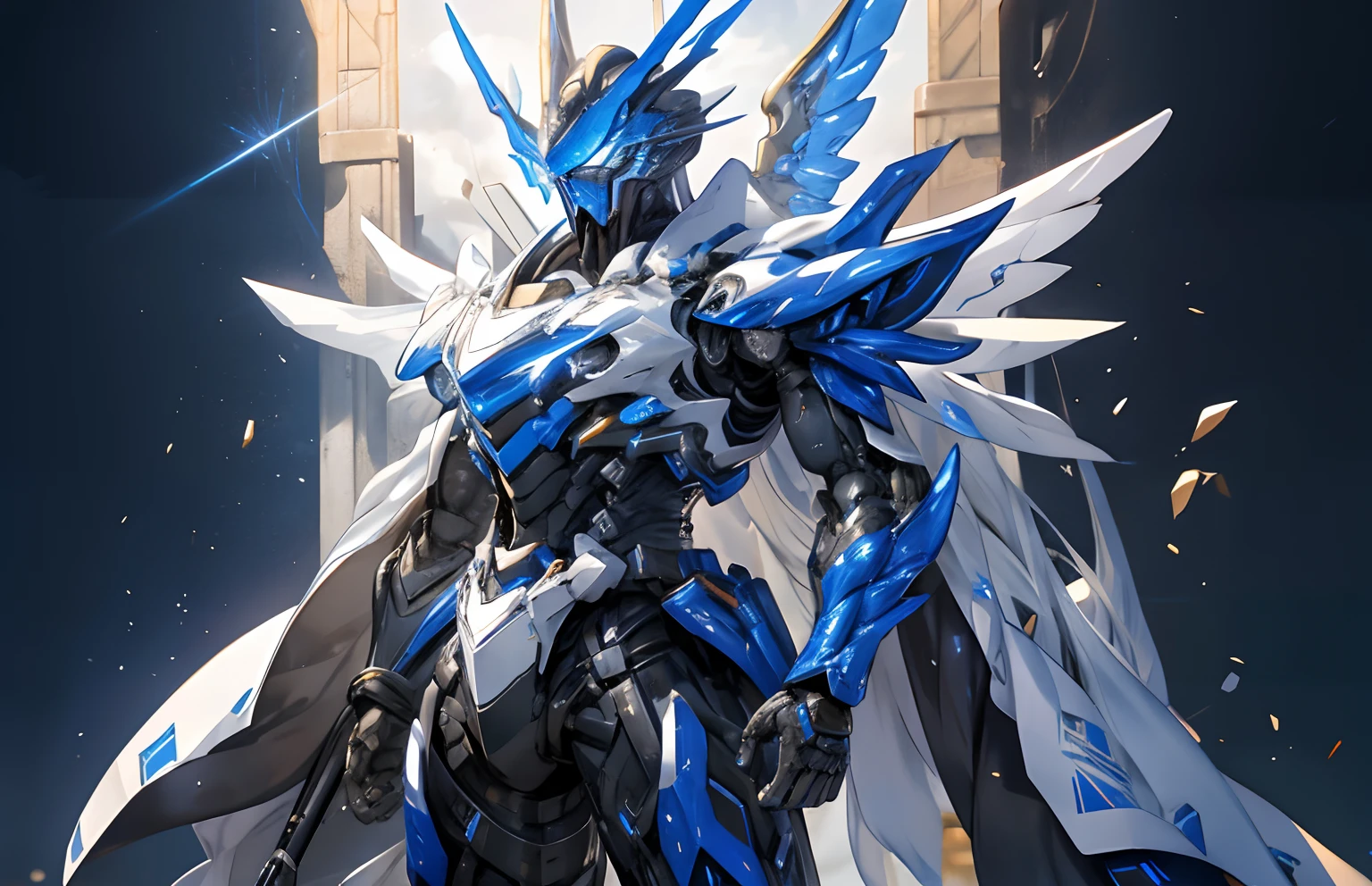 Giant exoskeleton robot,Strong posture,hight contrast,Black body,Starry sky color,Blue energy light,Kamen Rider,Wings,mechanical sense,Full coverage armor。
