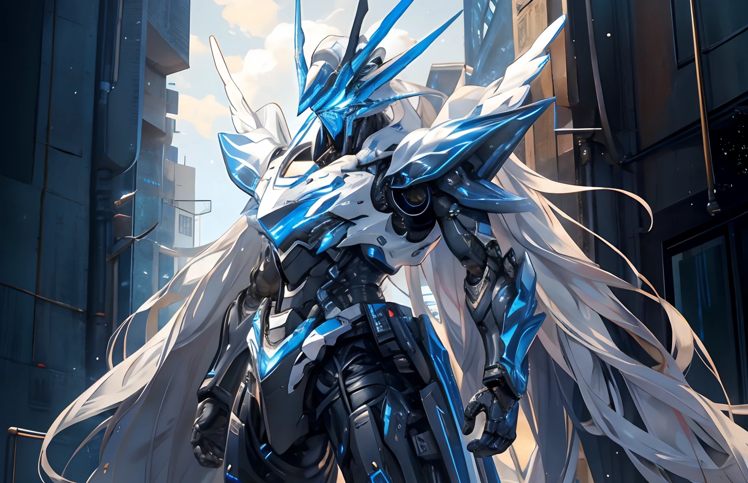 Giant exoskeleton robot，Strong posture，hight contrast，Black body，Starry sky color，Blue energy light，Kamen Rider，Wings，mechanical sense，Full coverage armor。