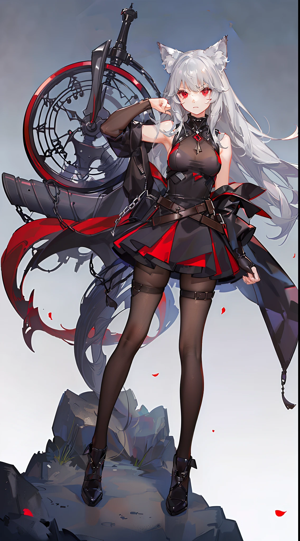 adult girl, Gray hair of medium length, red eyes, wolf ears, Red tight top, Sleeveless, fishnet tights, leather skirt, Masterpiece, hiquality
