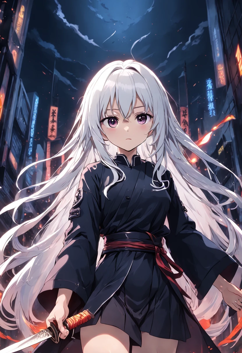 holding knive、black robes、white  hair、de pele branca、White background