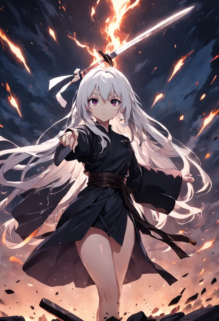 holding knive、black robes、white hair、de pele branca、White background