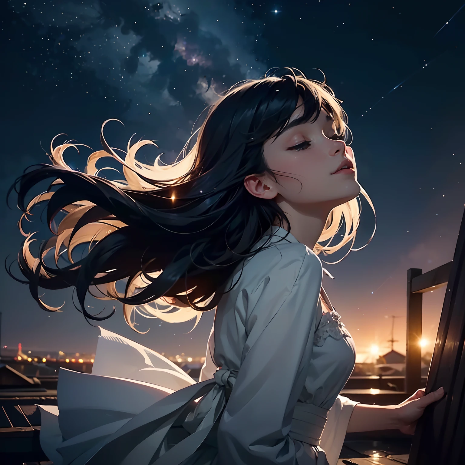 a beautiful night sky, full moon, moonlight, twinkling stars, 1girl looking up at the sky, long dark hair, dreamy expression, soft lighting, muted colors, atmospheric, cinematic, hyper detailed, intricate, photorealistic, masterpiece, 8k