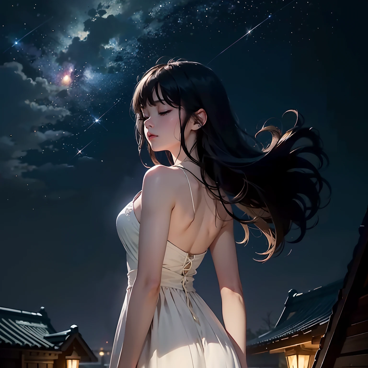 A quiet night，starry sky bright，On the roof stood a girl。She quietly looked up at the starry sky，Enjoy this peaceful evening。The girl wears a light dress，The skirt flutters gently in the wind。Her long hair shimmered in the moonlight，Exudes a fresh breath。
Twinkle stars in the night sky，They were like winking at a girl，As if he wanted to share this beautiful moment with her。The bricks of the roof present an ancient beauty in the moonlight，A stark contrast to the neon lights of the city。
The girl closed her eyes gently，She seemed to feel the beauty of this world。Her face appeared quiet and gentle in the starlight。Her body swayed gently with the night breeze，It is as if at one with this peaceful night。
The picture is full of tranquility、A breath of beauty and tenderness，Let people feel the mystery and tranquility of the night sky，view from long distance, Atmospheric lighting, Focus individually, closeup cleavage, seen from the side, depth of fields, Background bokeh