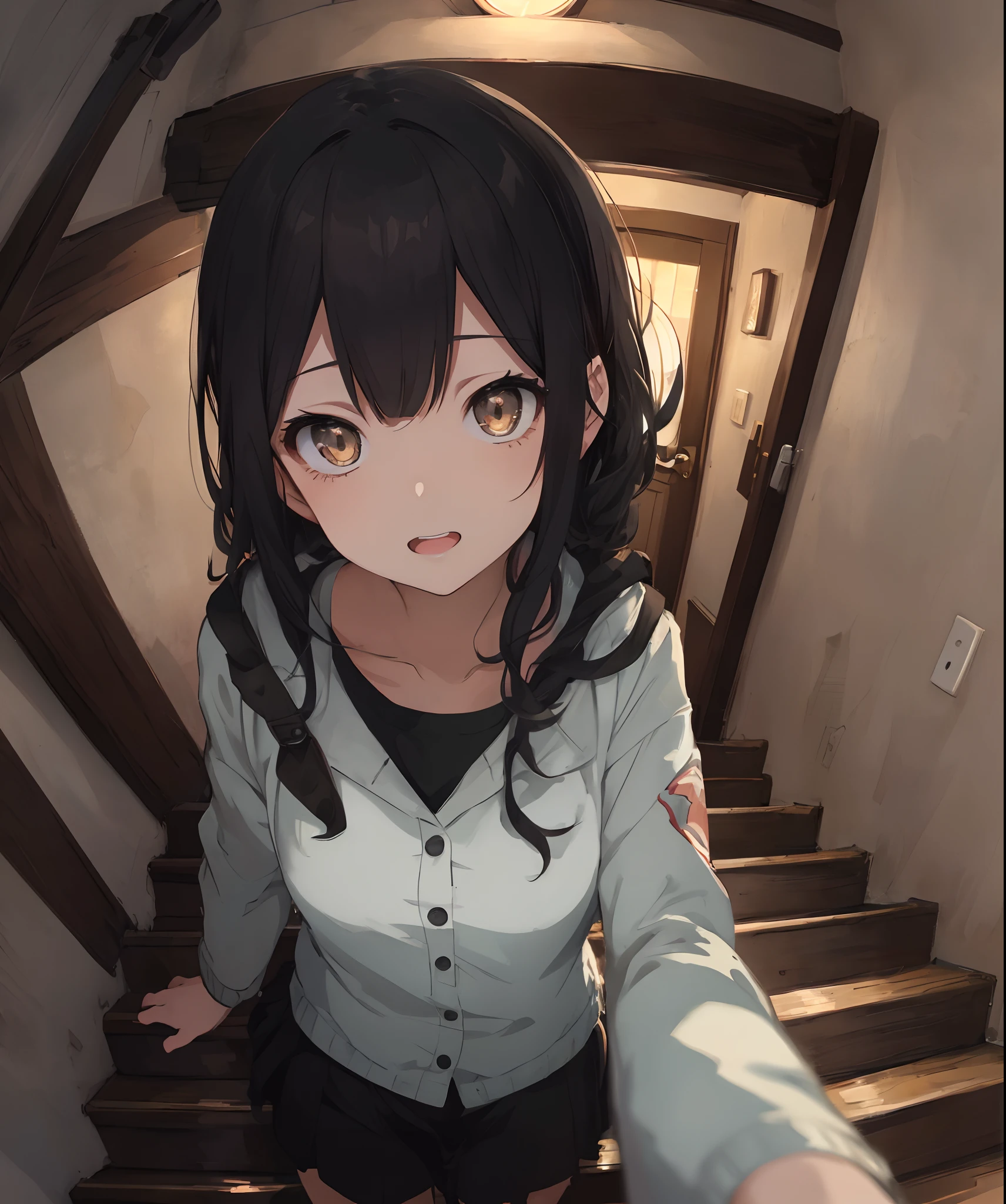 masterpiece, best quality, ultra-detailed, illustration, an extremely delicate and beautiful, cute, girl, energetic, active, anime, 1girl, cute, soft lighting, black hair, fisheye lens,stairs, labyrinth, Mysterious world, Alice, door, incandescent bulb