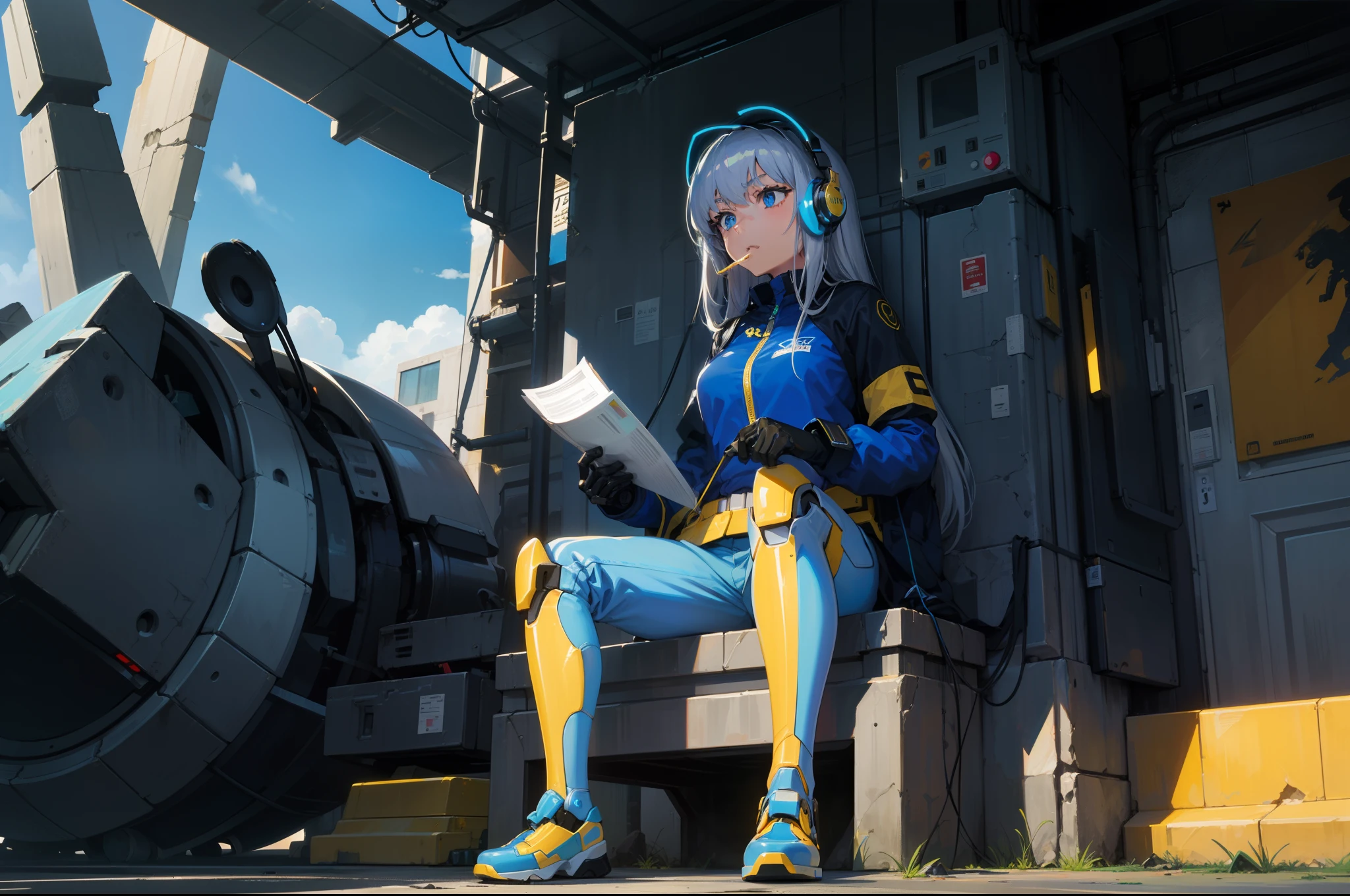 Mechanical elements,Silver-haired girl,blue color eyes,Blue headphones,Wearing a heavy mech suit,Sci-fi sense,The background is the Earth,Yellow with blue combat uniform, outrun art style, in the art style of 8 0 s anime,morningglow,sitting on the stone,There is a cigarette in the mouth