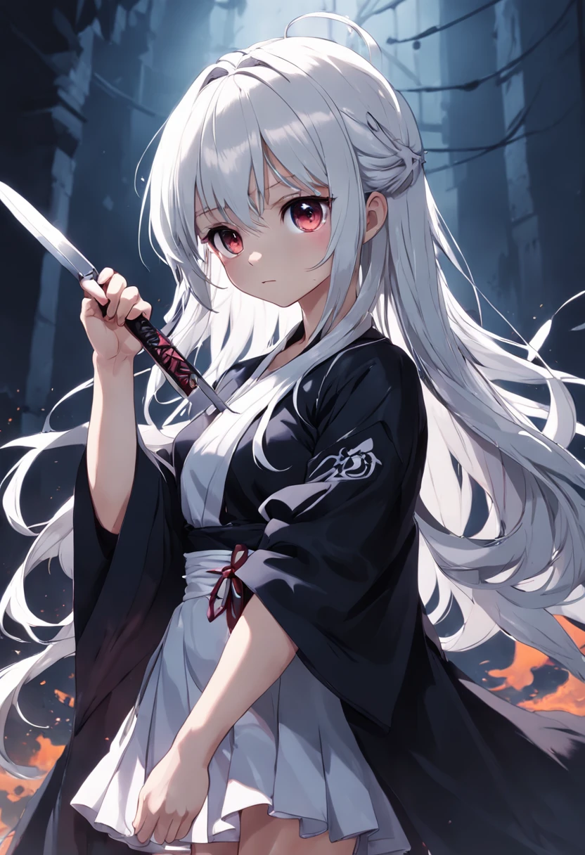 holding knive、black robes、white hair、de pele branca、White background、Beautiful