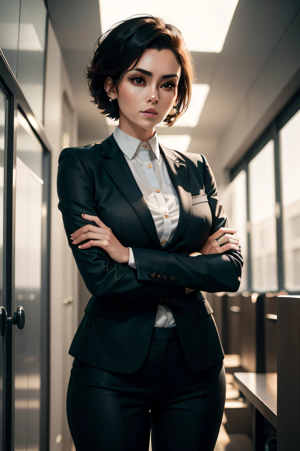 A stylish businesswoman in the suit with short hair standing and crossing her arms