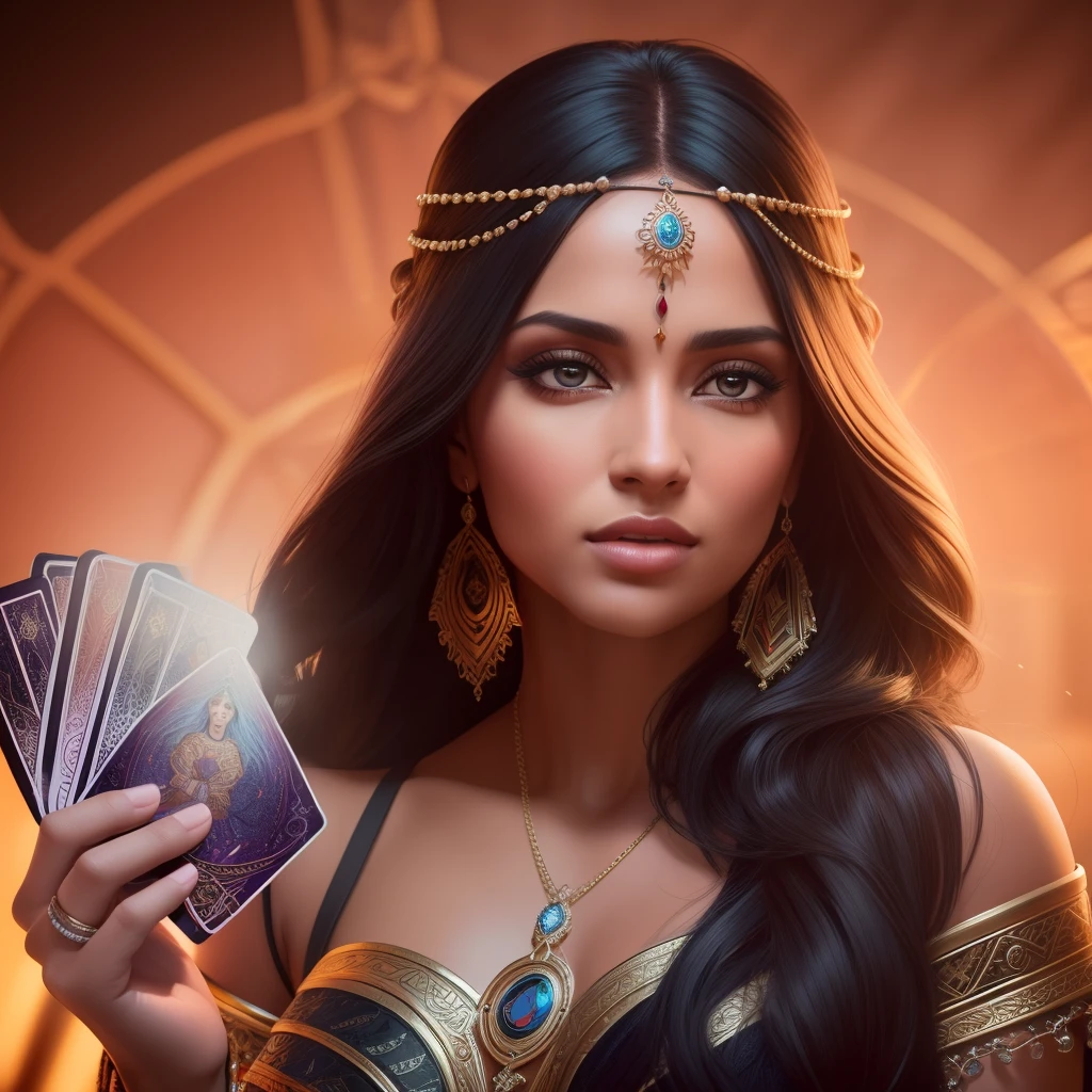 Create image of a gypsy woman with extraordinary sexy sensual beauty, The most beautiful woman in the world holding tarot cards, dramatic lighting, digital art trending on Artstation 8k HD high definition detailed realistic, circunstanciado, textura da pele, hiper detalhado, textura de pele realista, armadura, melhor qualidade, ultra high-resolution, (fotorrealista:1.4), high resolution, circunstanciado, Foto RAW, sharp re, by Lee Jeffries Nikon D850 film Stock Photography 4 Kodak Portra 400 camera F1.6 lens rich colors hyper realistic lifelike texture dramatic lighting unrealengine trending on artstation cinestill 800,