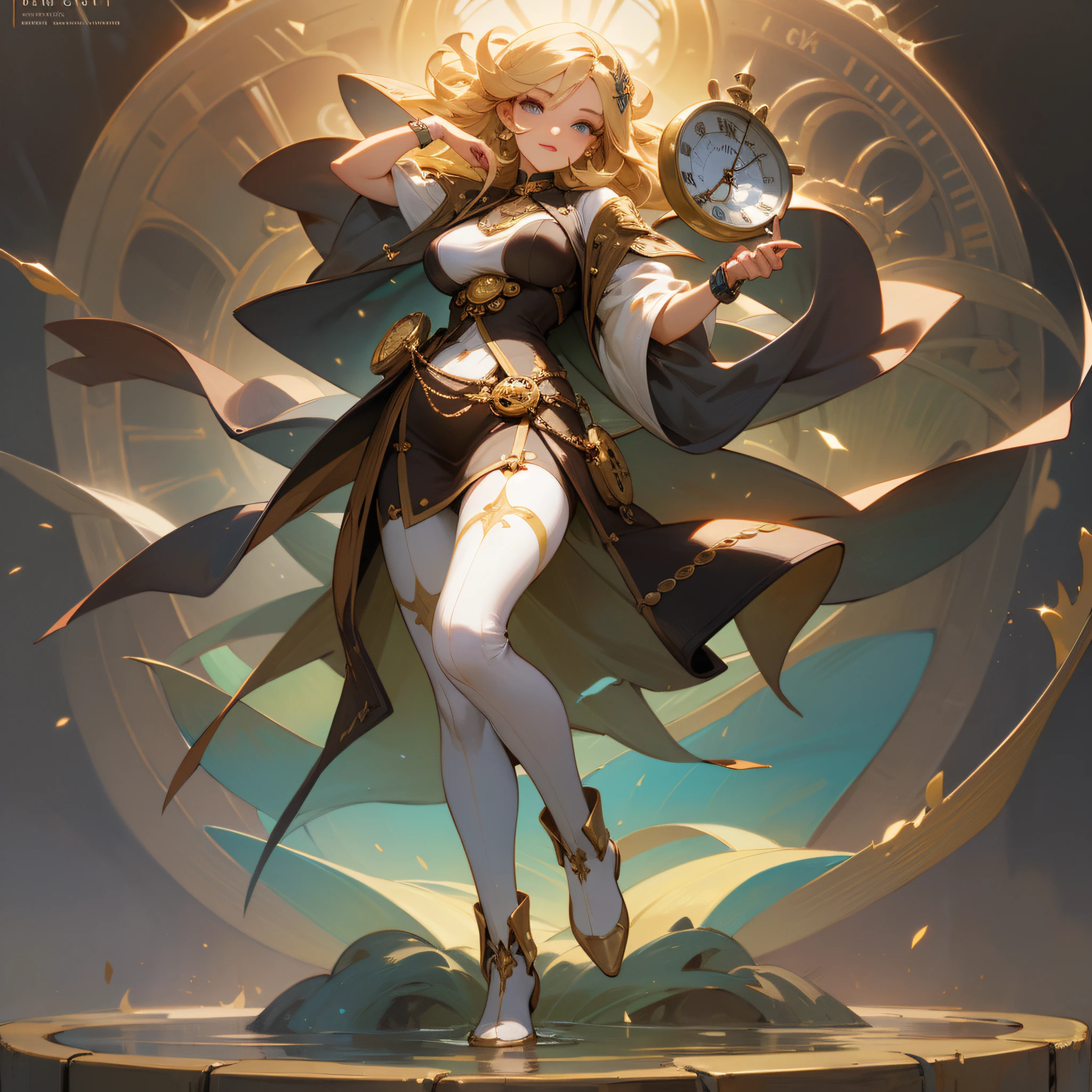 super ultra high quality, best evaluation, super fine illustration, full body of fantasy girl, center, tilt head forward, fold hands, realistic pocket watch on background layer, flood light, detailed face, detailed body, detailed hand, detailed watch, anatomically correct, golden ratio
