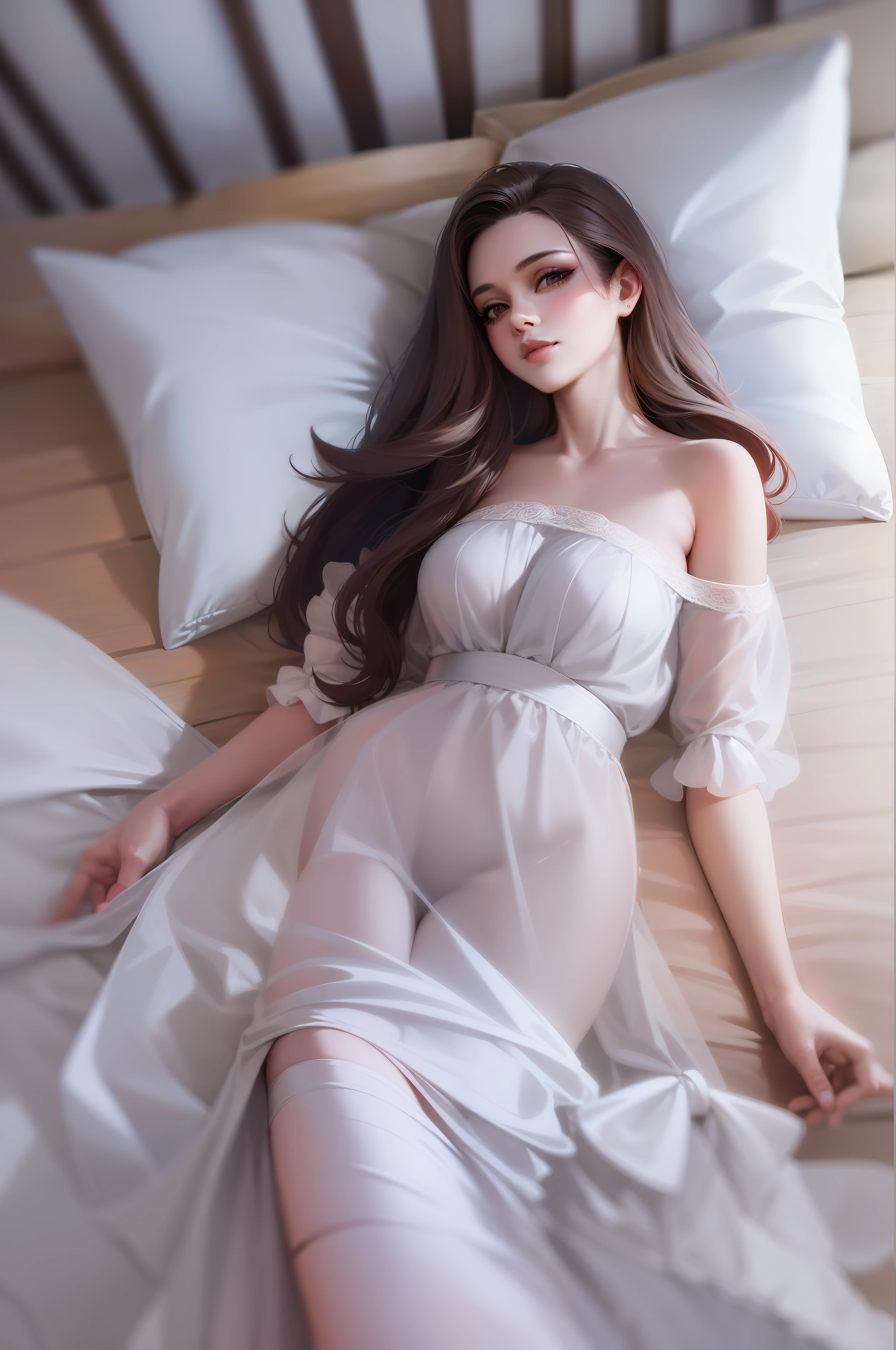 ((Sexy and beautiful woman lying on the bed and looking up)), the cutest 20-year-old beauty, charming smile, ((seaside resort)), ((very long hair)), ((skimp high resort fashion)), ((rich bust)), gradient eyes, seductive makeup, show lighting, single perspective, canon, nffsw, retina, masterpiece, accurate, anatomically correct, texture Doskin, Super Detail, High Detail, High Quality, Award Winning, Highest Quality, High Definition, 1080p, Hard Disk, 4K, 8K, 16K