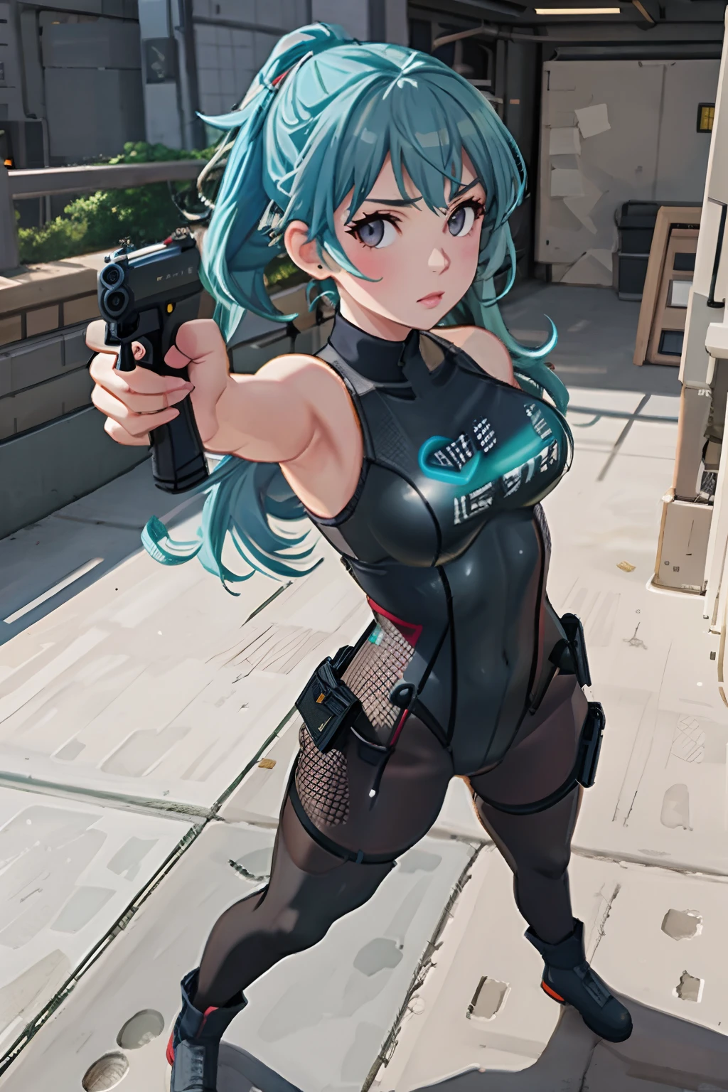 インペリアルガード戦闘服Swimwear, o-ring bikini, V Gundam, Swimwear, Absurd, High resolution, alone, Cowboy Shot, One girl, Nomad Nibble \(Cosplay\), Wristband, headphone, holster, Backpack, Possession of a gun, aim, Perfect hands, Wind, (High resolution,Highest_quality,masterpiece), Large Breasts, Huge breasts, Blue Hair, blue eyes, short hair, From the back, Butt, From behind, looking From the back, view From the back