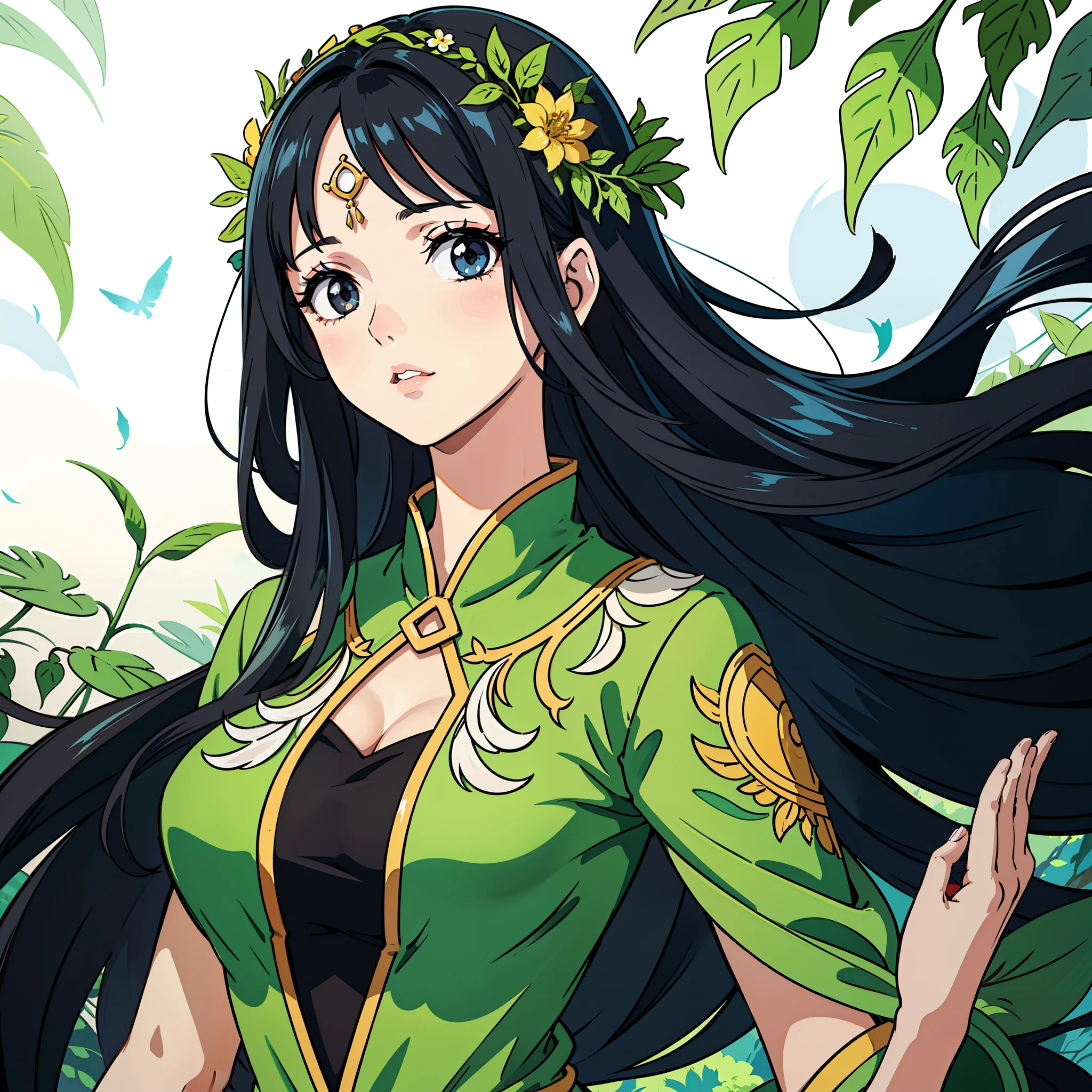 1girl, goddess, goddess of nature, beautiful, black hair, long hair, black eyes, floating hair, sexy, full of nature, nature dress, green leaves, vines, upper body, close up, masterpiece, best quality, high detailed illustration