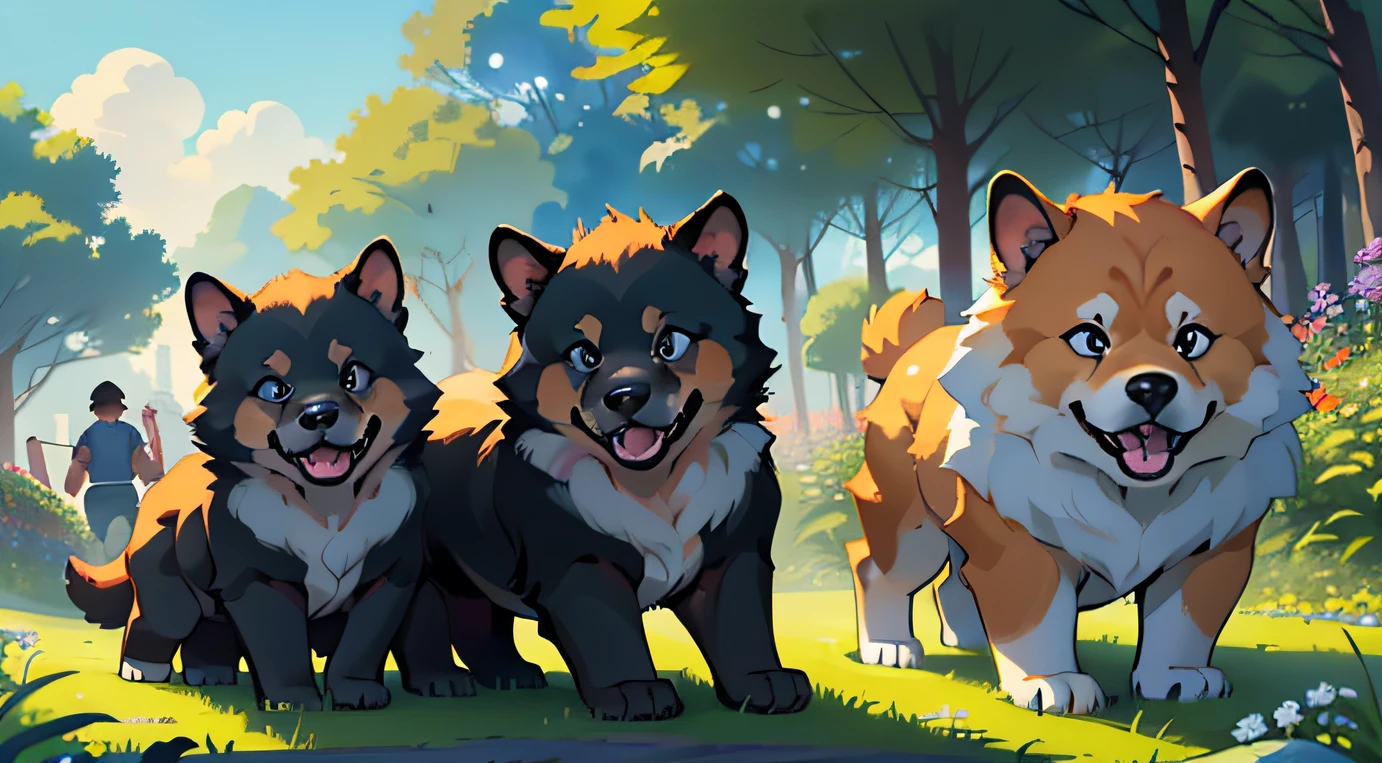 (master part, charming illustration of a cute black Chow Chow puppy in a garden:1.3),
(Captivating representation designed to engage children's imagination:1.2),
(meticulously illustrated with attention to capture the adorable essence of the breed:1.2),
(a flacidez e a cor distintas do filhote de cachorro Chow Chow aumentam sua fofura:1.1),
(Sunny sky scenery, in the morning:1.1),
(Illustrious playing with three other Chow Chow dogs of different colors in the forest. Capturar risos, hugs and shared fun.:1.1),
(Detalhamento meticuloso da pele do filhote, capturando sua textura macia:1.1),
(A portrait that invites children to imagine playful interactions in a cheerful outdoor environment:1.1),
(uma imagem que exala calor, confortar, e a alegria do companheirismo:1.1),
(an illustration that encourages storytelling and creativity through visual exploration:1.1),
(A work of art that captures the innocence and wonder of childhood and the charm of a beloved furry friend:1.1))