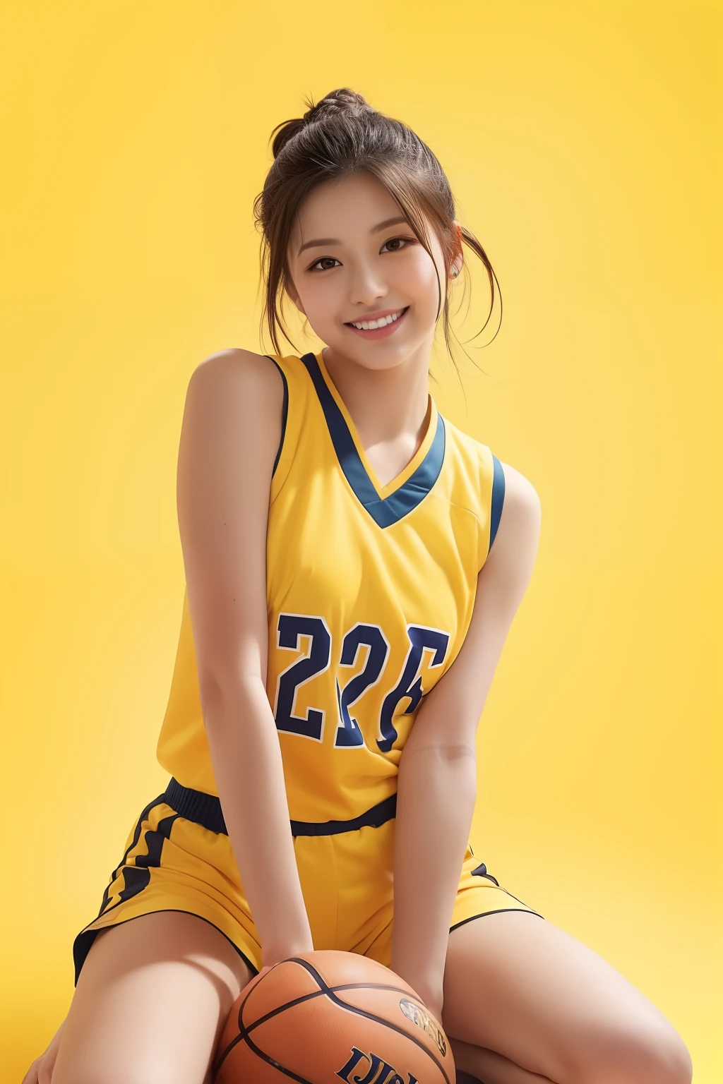 (Best Quality, 8K, 32K, masutepiece, nffsw:1.2), Bright foreground, Professional Lighting, Photon mapping, Radio City, shading:1.3, (1 slender woman of Japan, 28 years old, Tall gravure model), dark brown hair, hyperdetailed face, Detailed lips, Detailed eyes, Double eyelids, (high-detail skin:1.2), (Huge breasts:1.1), (Shorts, exposed shoulder:1.1), Sit with legs open, ((Provocative Dynamic Poses)), (she is soaking wet), top-down view:1.5, (Yellow basketball uniform:1.4), Inside the stadium, Looking Camera, (Sensual gaze on the photographer, lips slightly open), BREAK (Yellow background, Gradation:1.3), High quality, 4K, Happy smile,