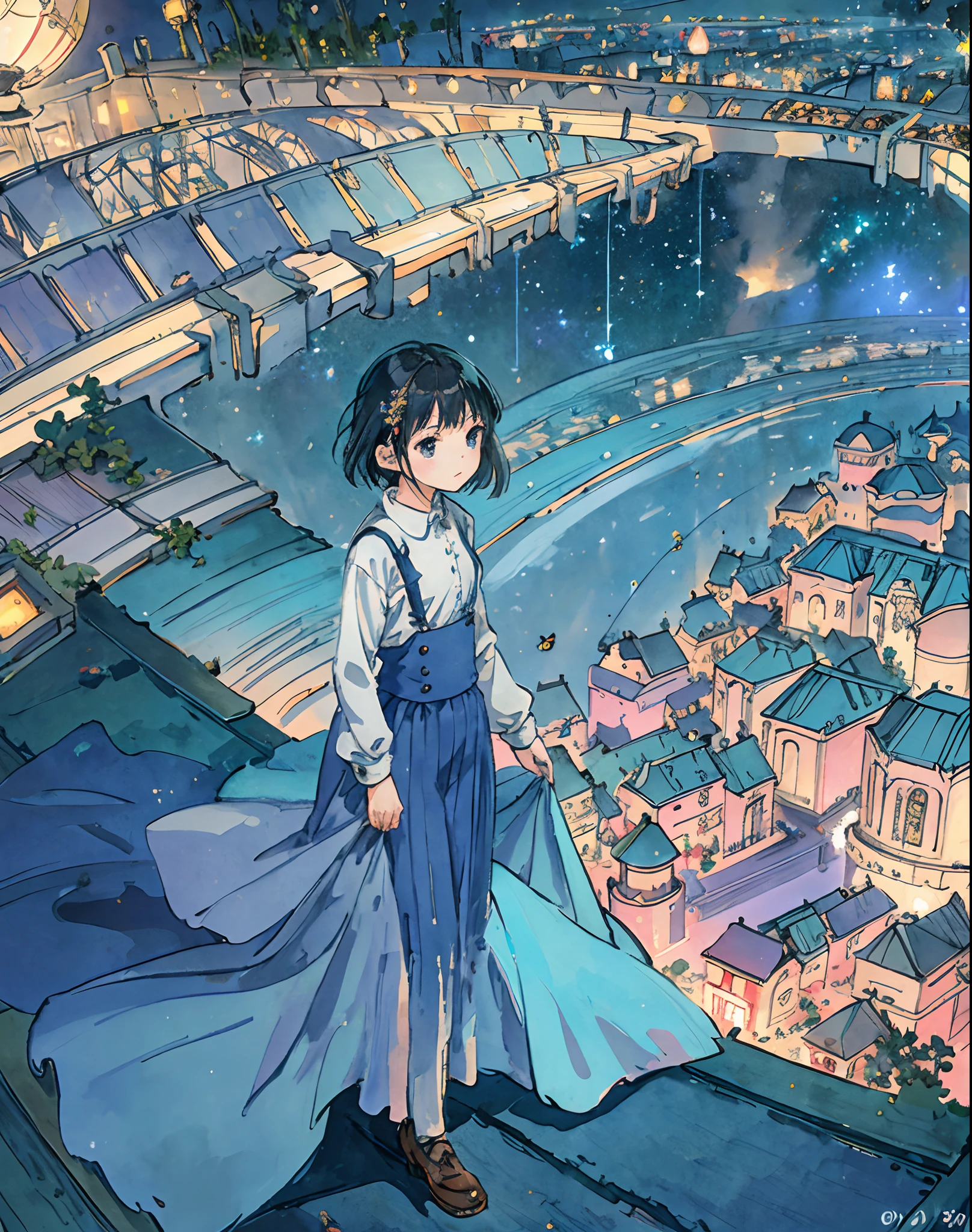 best quality, masterpiece, extremely detailed, detailed background, anime, 1girl, young girl, short girl, sci-fi, science fiction, outdoors, night, starry sky, greenhouse, megastructure, bio-dome, landscape, scenery, horizon, rooftop, sitting on rooftop, wind, looking away, atmospheric lighting, solo focus, close up, from side, depth of field, bokeh